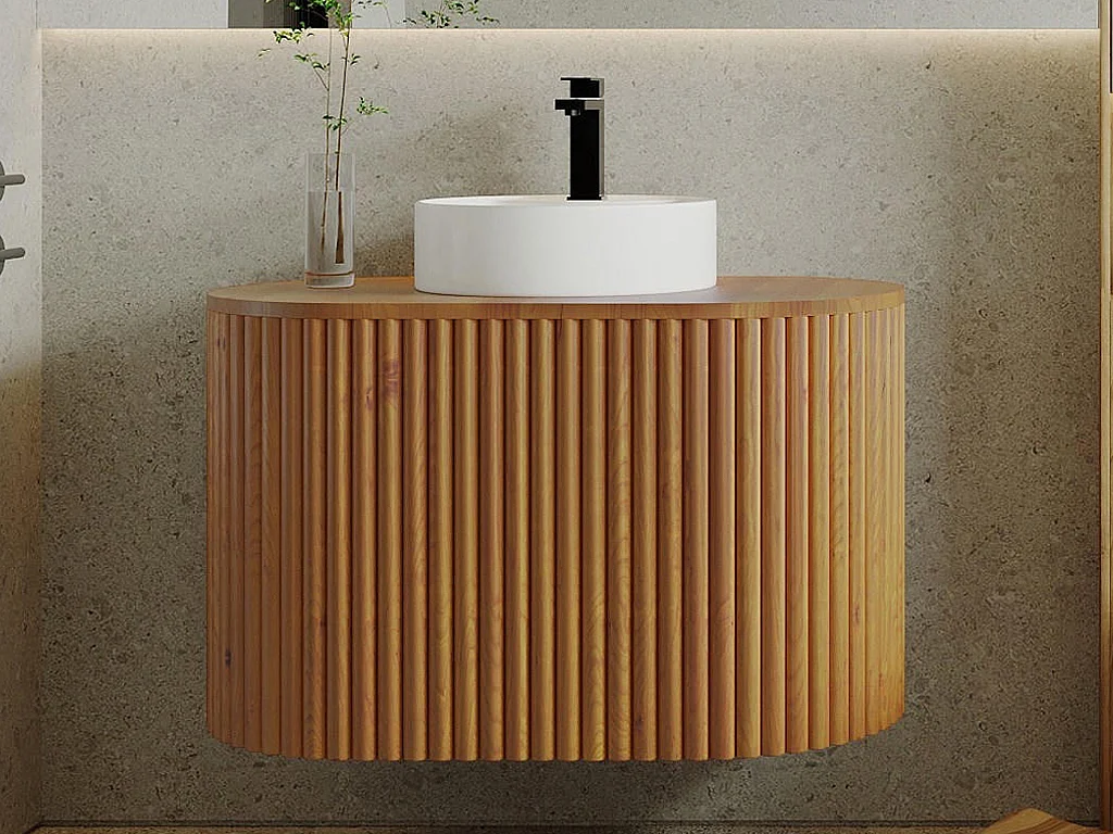 Meuble de salle de bain suspendu en teck avec vasque ronde - 90 cm - TOWARI