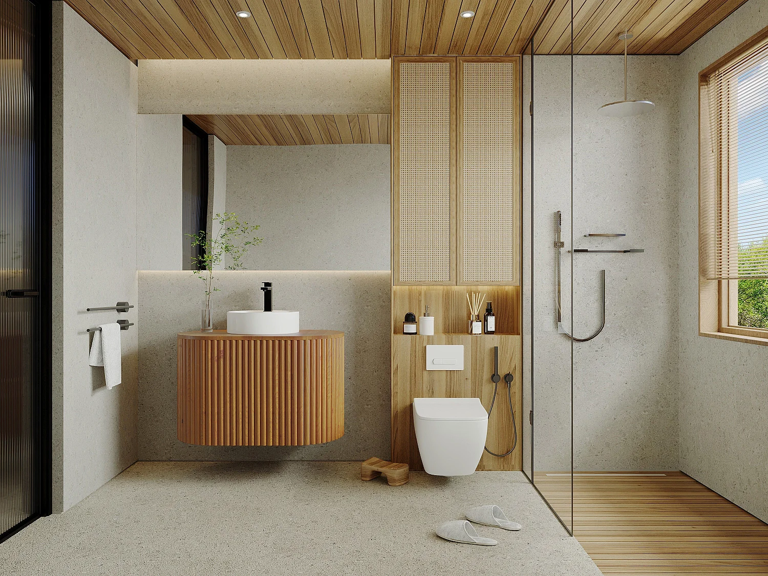 Meuble de salle de bain suspendu en teck avec vasque ronde - 90 cm - TOWARI