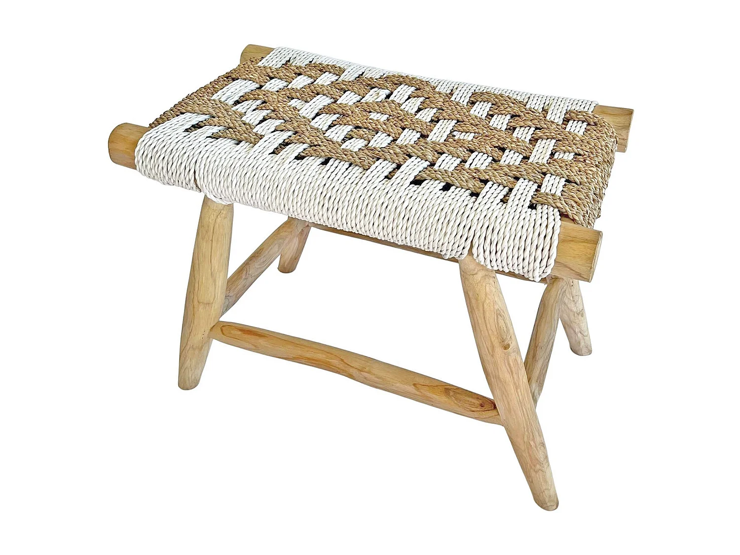 Banqueta de madera de teca y fibra natural con tonos blancos 60cm