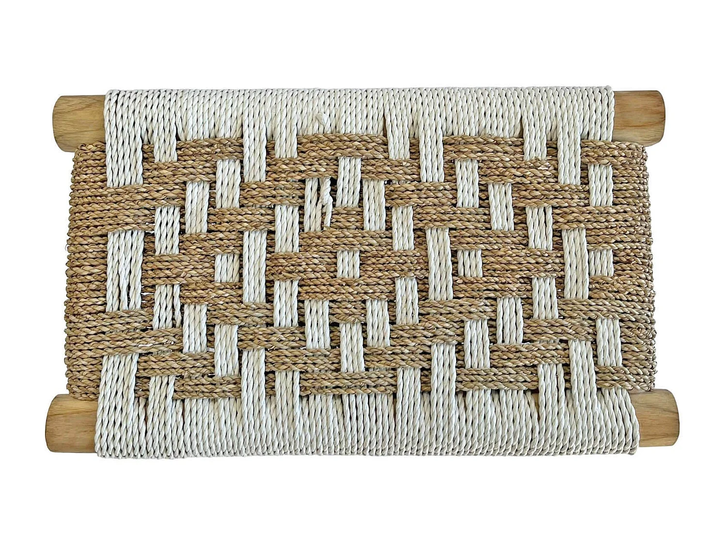 Banqueta de madera de teca y fibra natural con tonos blancos 60cm