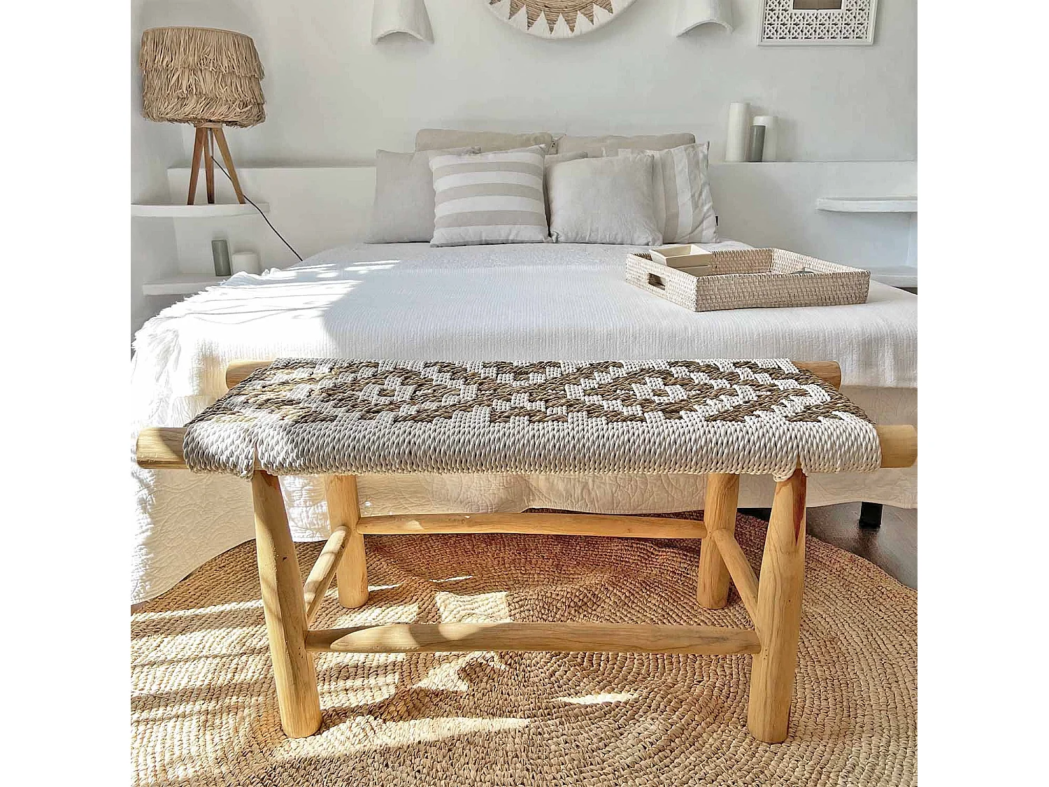 Panca in legno di teak e fibra naturale nei toni del bianco 100 cm