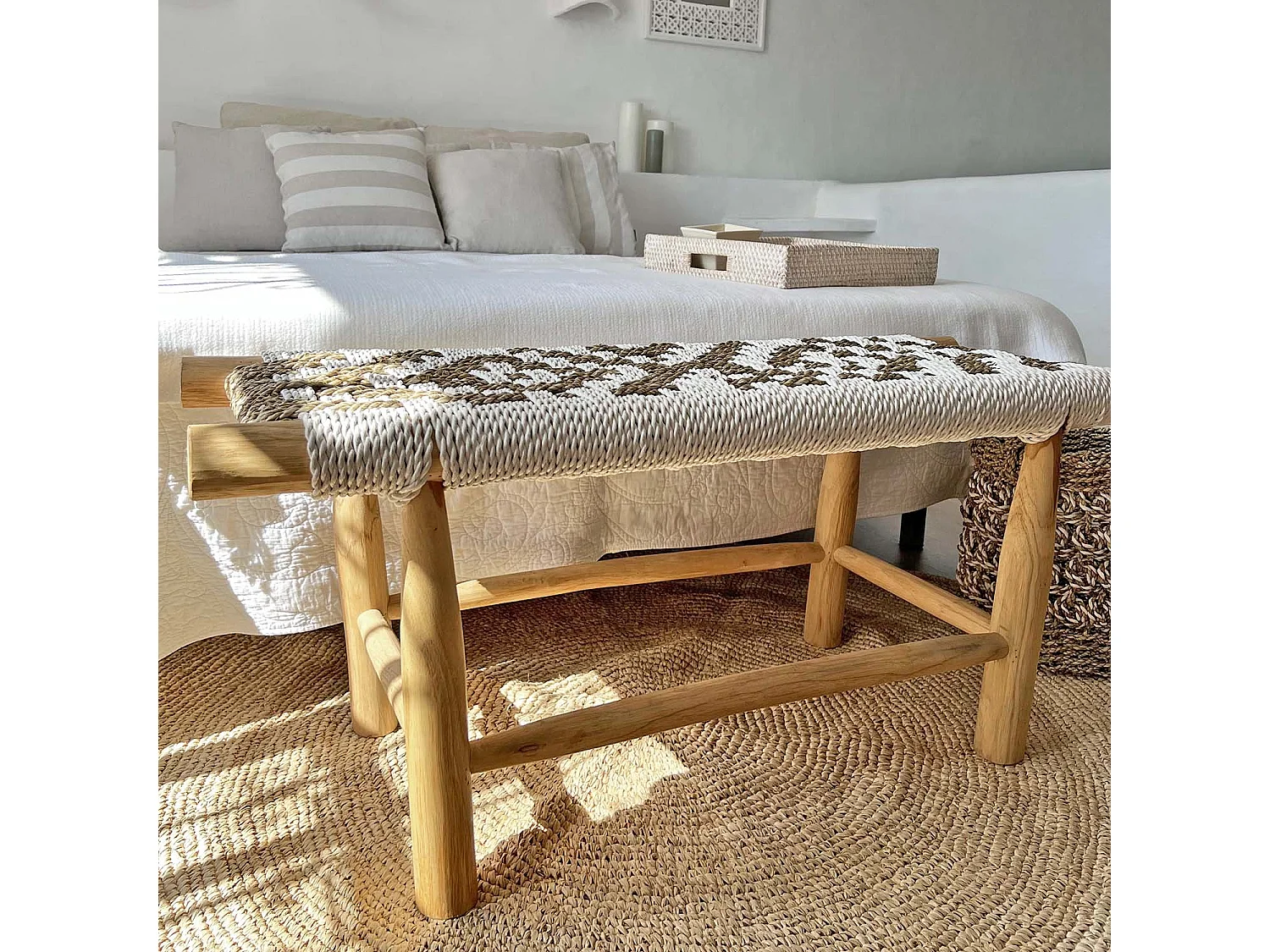 Panca in legno di teak e fibra naturale nei toni del bianco 100 cm