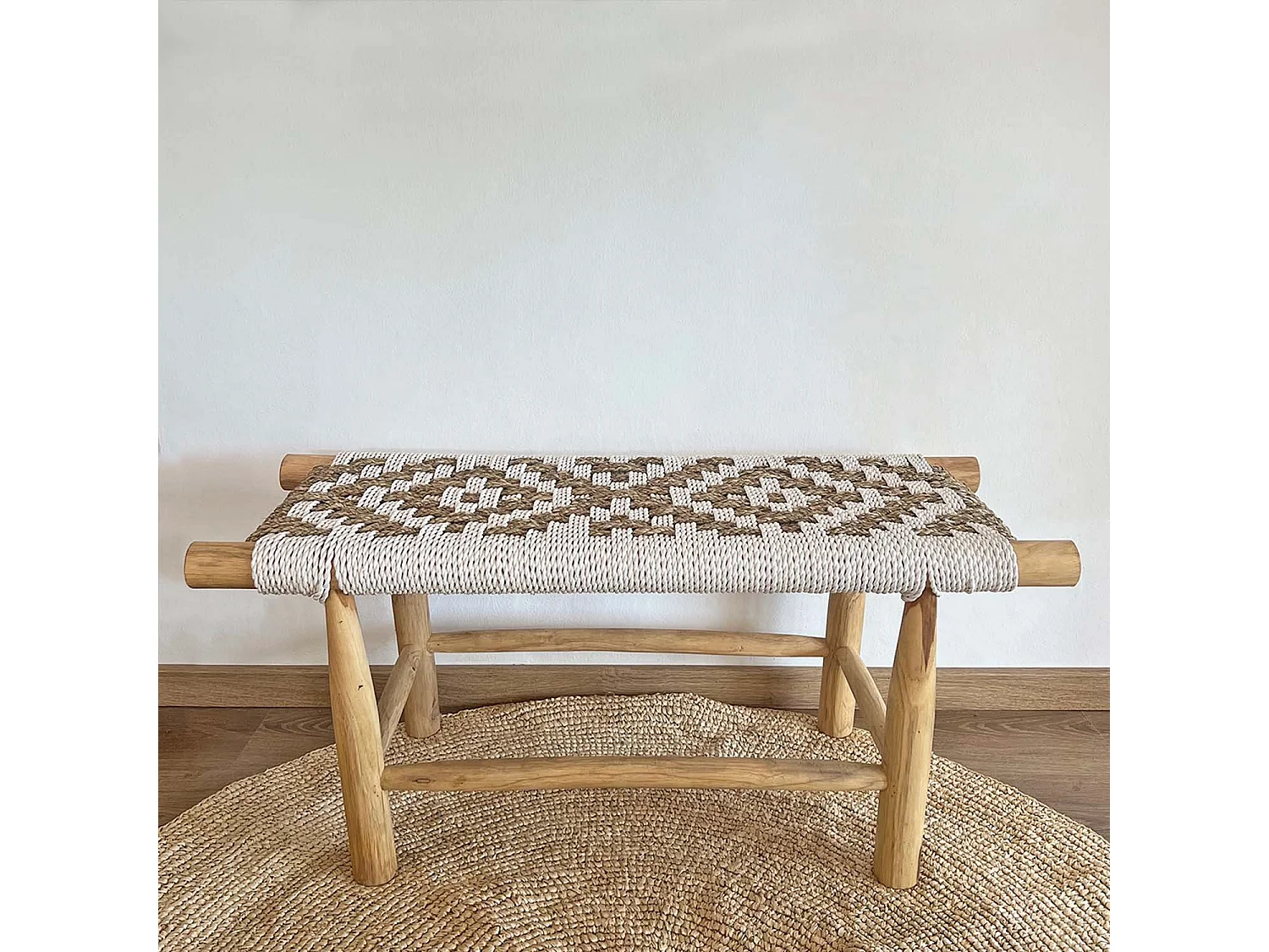Panca in legno di teak e fibra naturale nei toni del bianco 100 cm