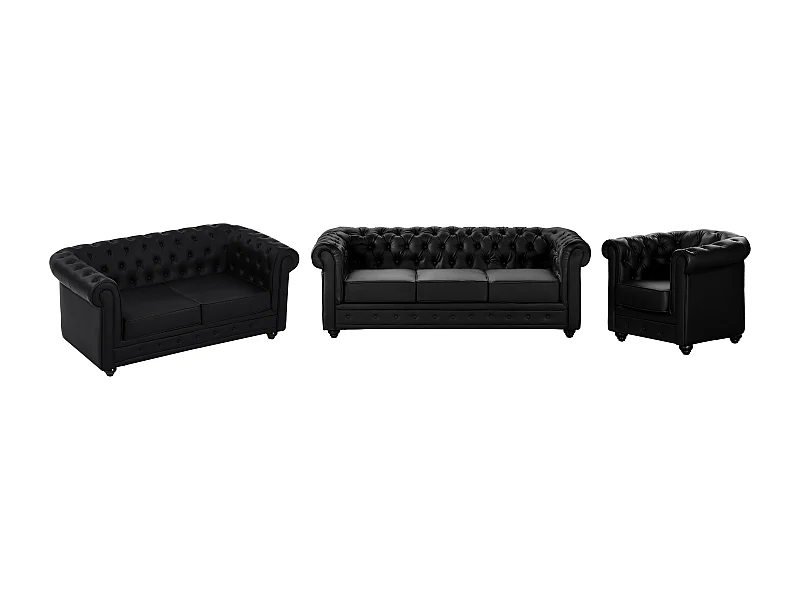 Canapés 3 places, 2 places et fauteuil en simili noir CHESTERFIELD