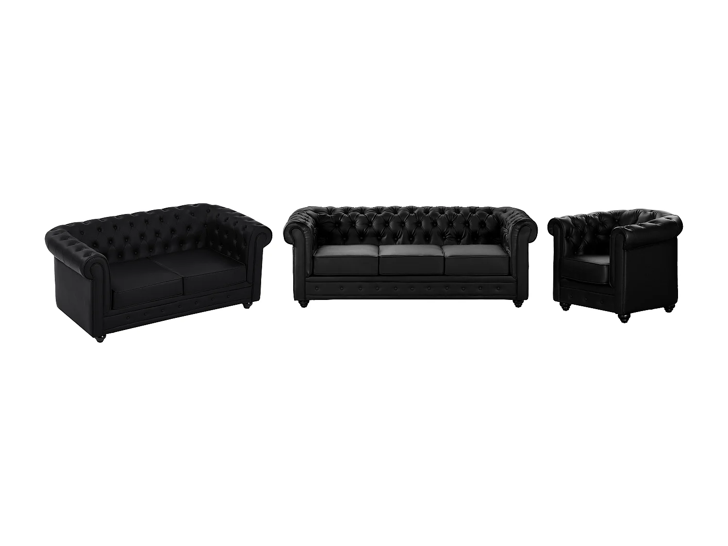 Divano 3 e 2 posti e poltrona in Similpelle Nero - CHESTERFIELD
