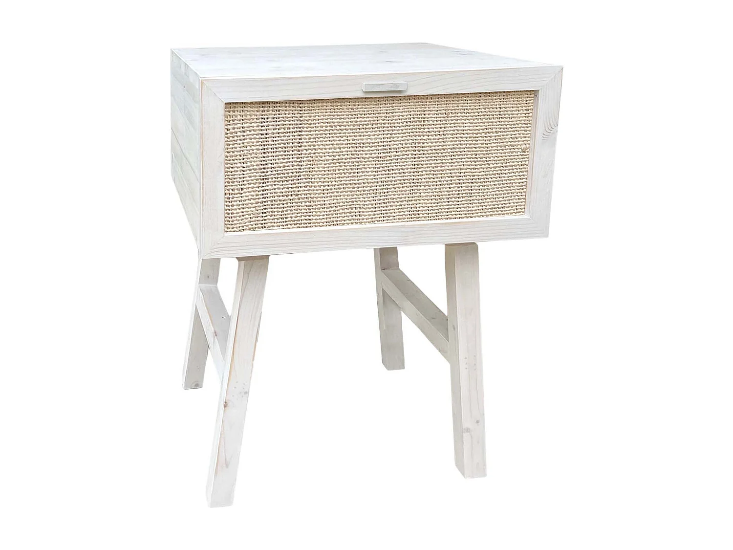 Mesita de noche de madera y rafia natural en blanco envejecido 45cm