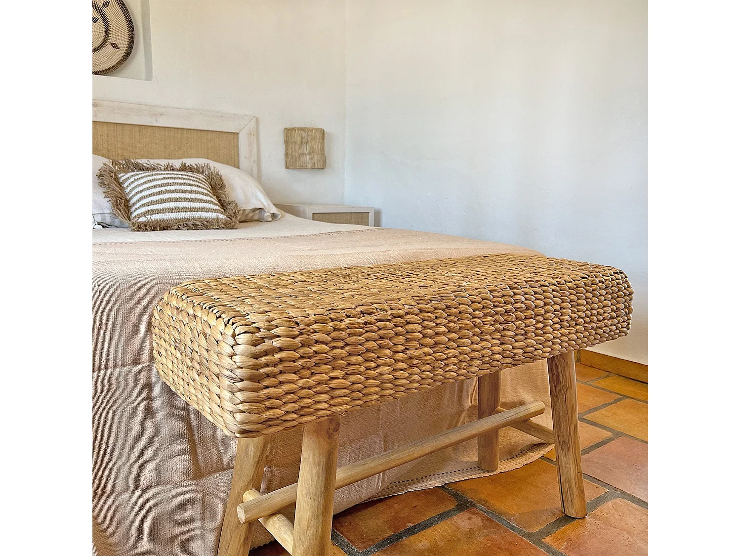 Banco em madeira de teca e fibra natural 95 cm