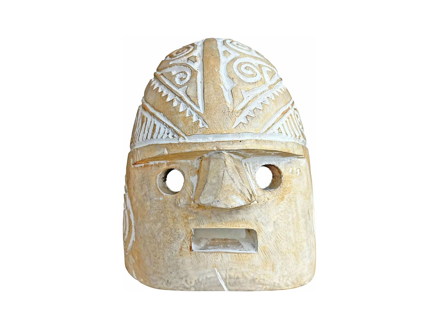 Maschera etnica decorativa in legno bianco e beige 20 x 16 cm