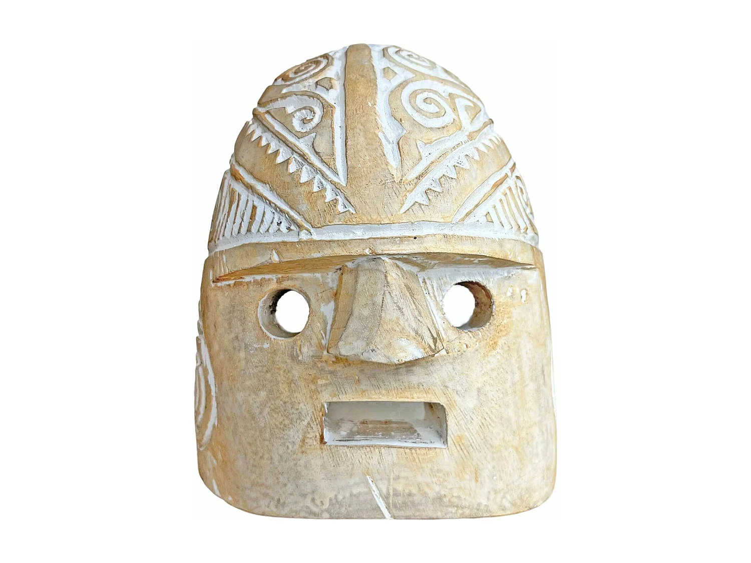Maschera etnica decorativa in legno bianco e beige 20 x 16 cm