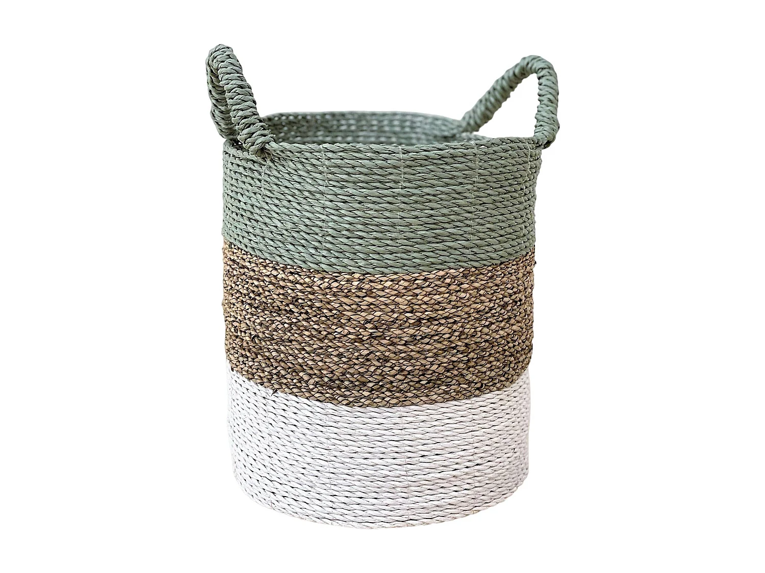 Cesto de fibras naturales con tonos blancos y verdes D. 35 cm