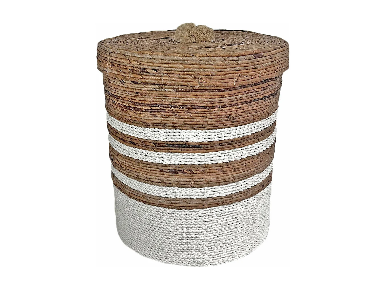 Cesto natural com tampa em tons de branco e castanho D. 33 cm