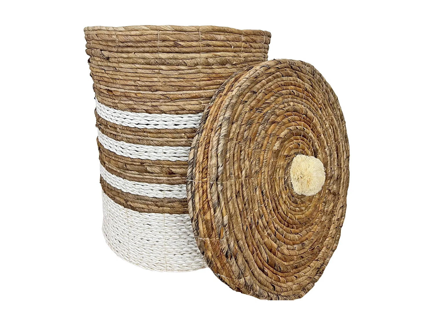 Cesto natural com tampa em tons de branco e castanho D. 33 cm