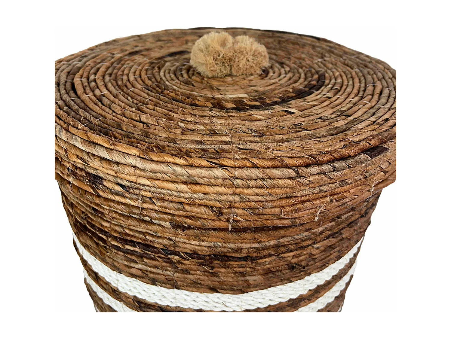Cesto natural com tampa em tons de branco e castanho D. 33 cm