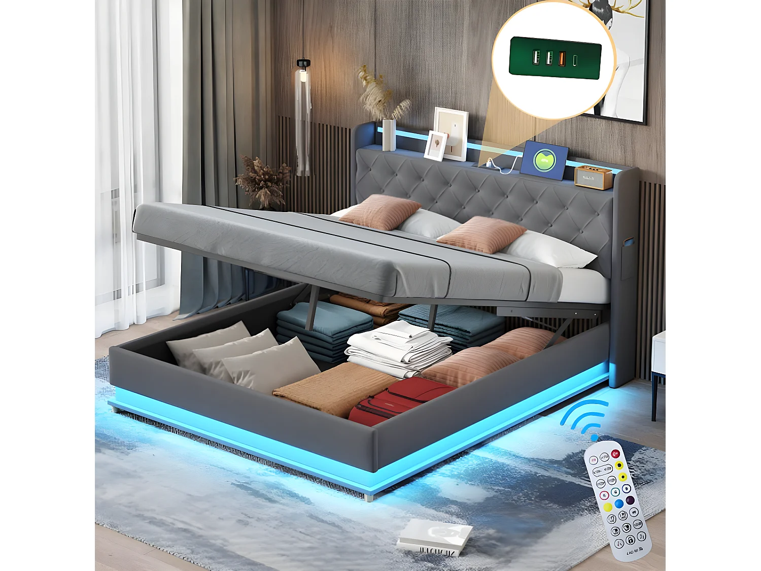 LED-bed, 160 x 200 cm, met USB-oplaadpoort, grijs