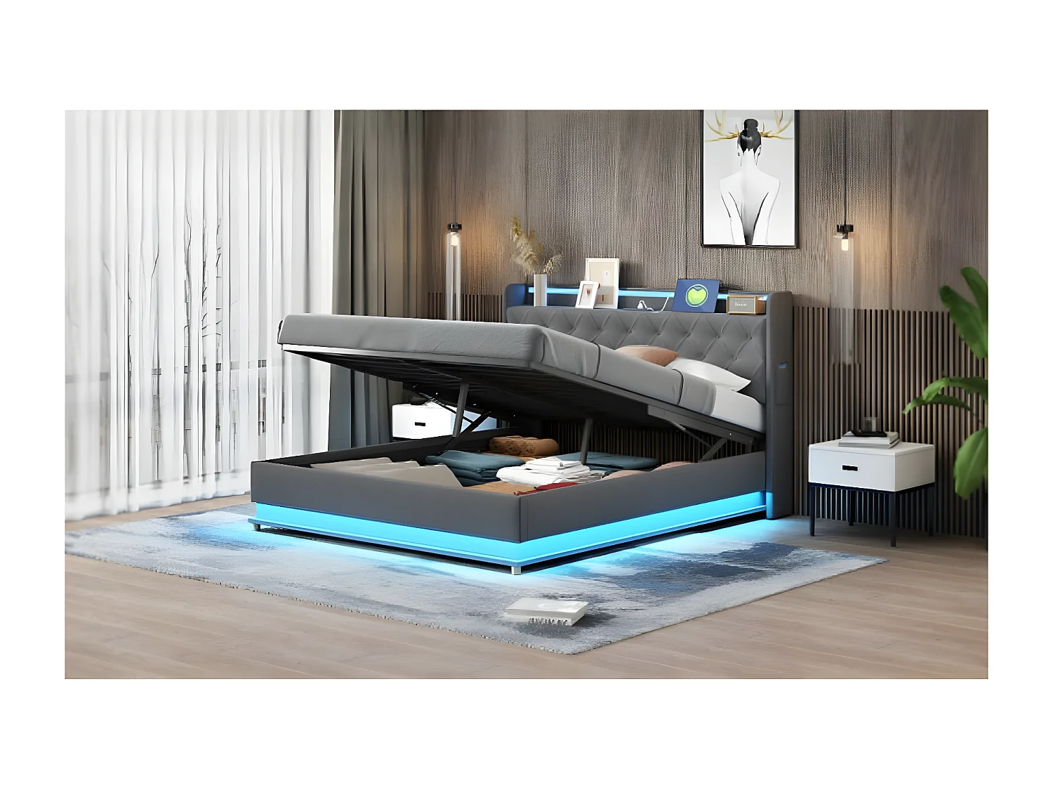 LED-bed, 160 x 200 cm, met USB-oplaadpoort, grijs