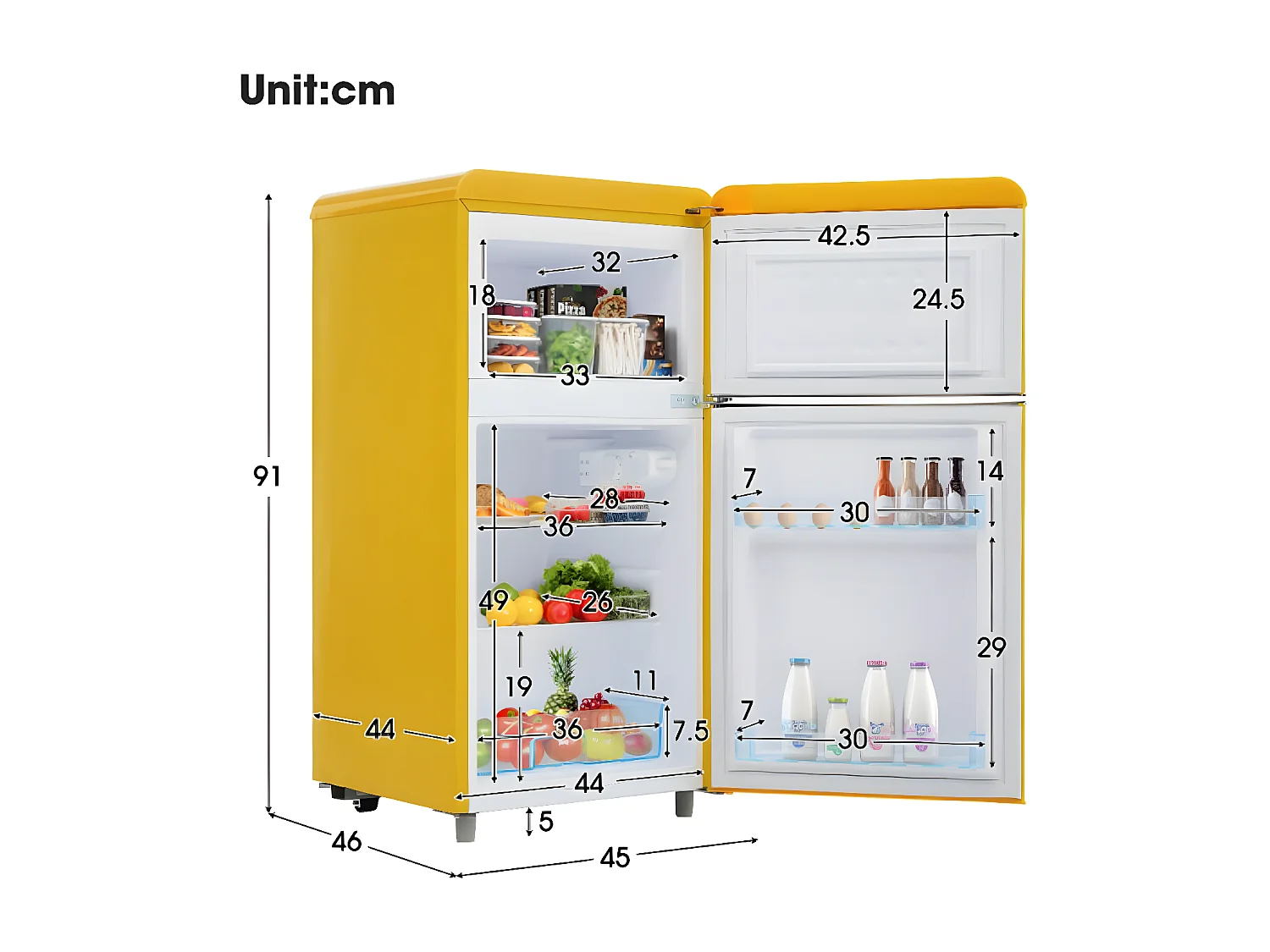 Réfrigérateur Retro avec double porte supérieure et inférieure, d'une capacité totale de 72 litres