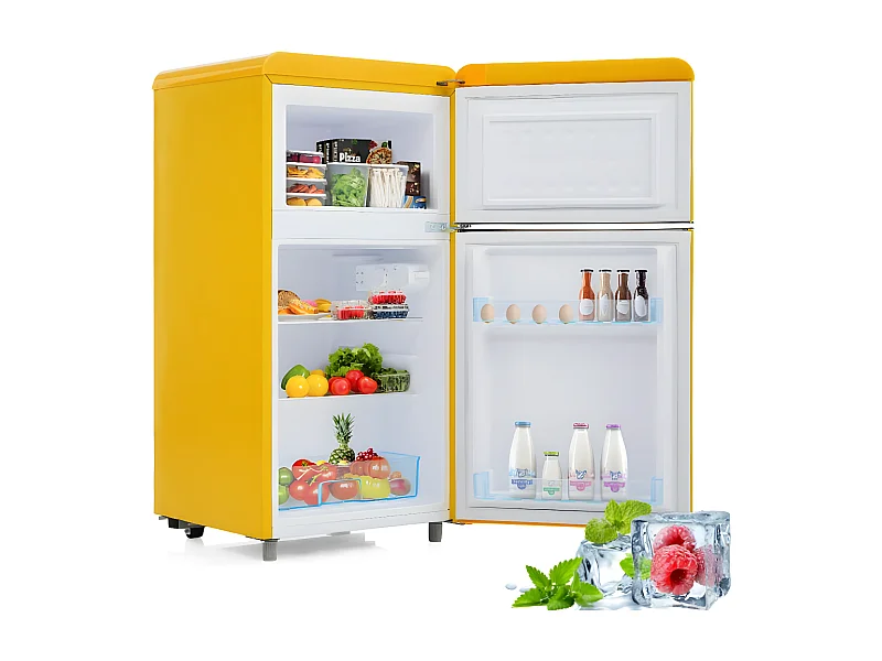 Nevera retro con doble puerta superior e inferior, con una capacidad total de 72 litros.