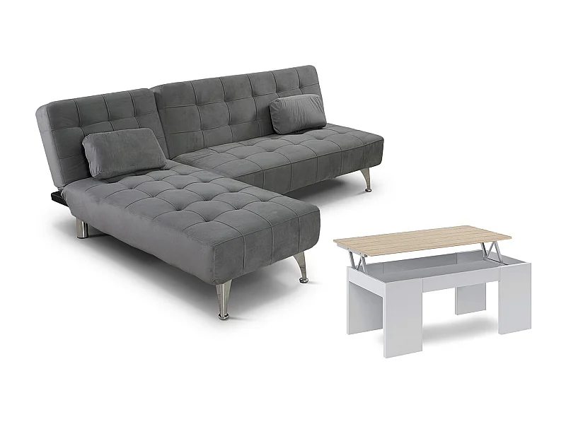 Oferta: Sofá-Cama Chaise Longue XS Cinza + Mesa de Centro Branco e Carvalho