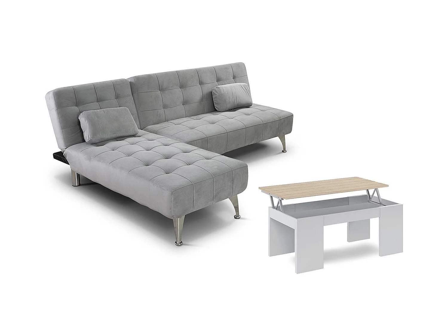 Oferta: Sofá-Cama Chaise Longue XS Cinza + Mesa de Centro Branco e Carvalho