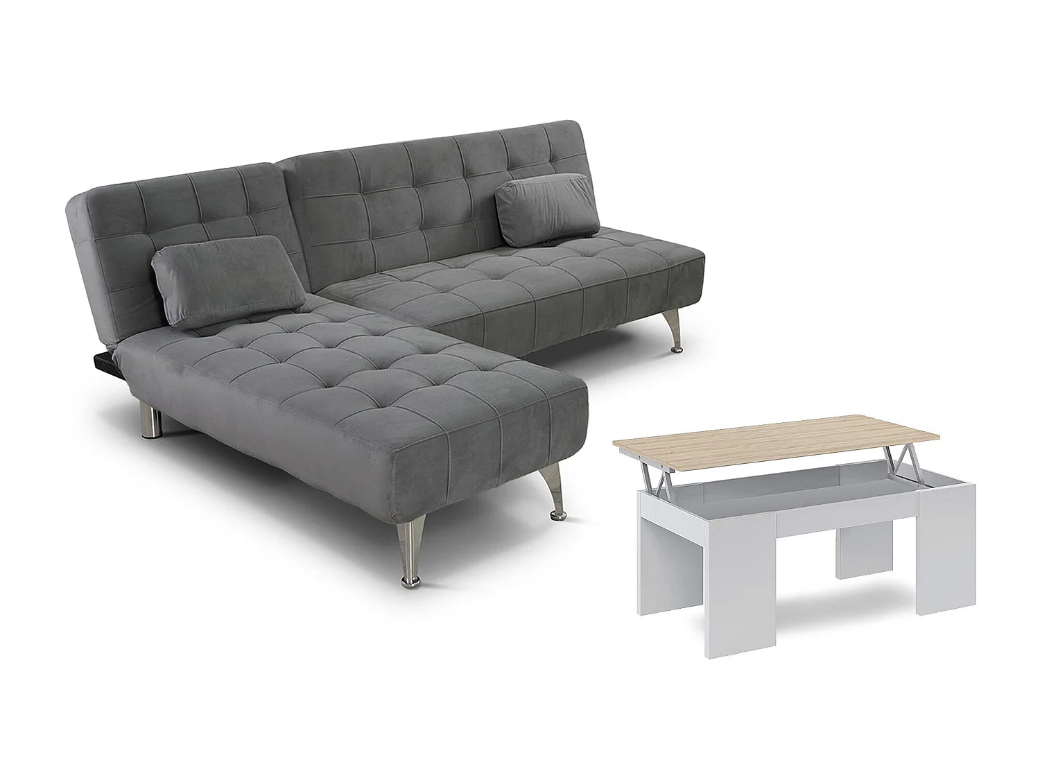 Oferta: Sofa Cama Chaise Longue XS Gris + Mesa de Centro Blanco y Cambria