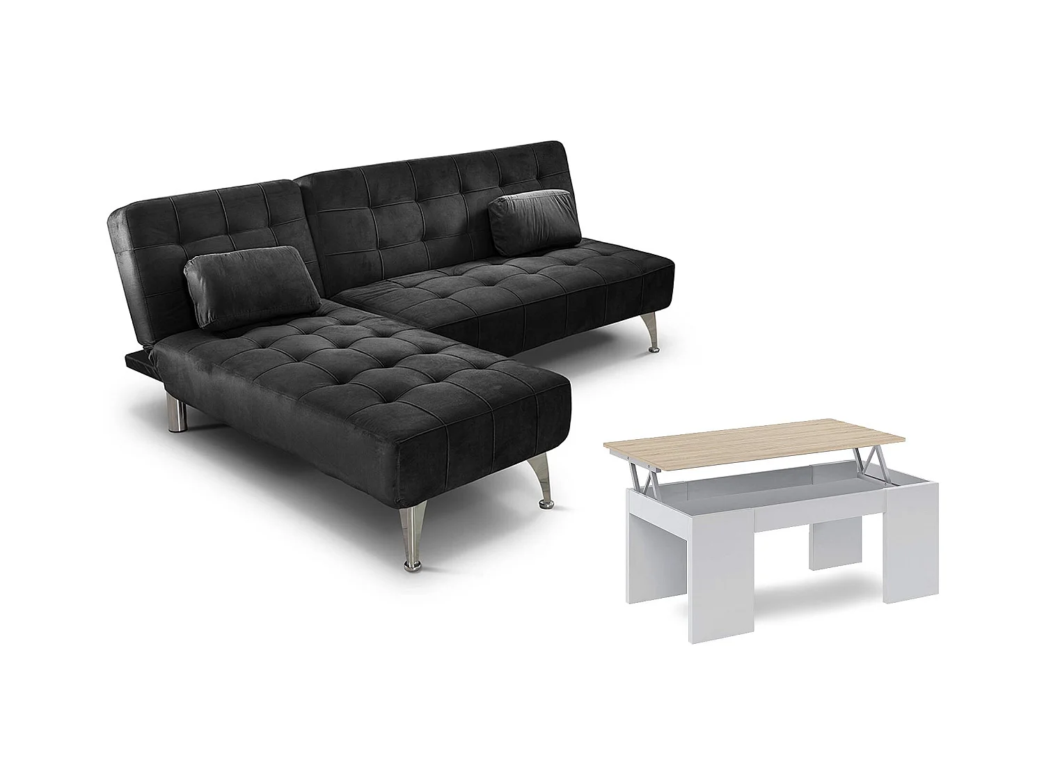 Oferta: Sofa Cama Chaise Longue XS Negro + Mesa de Centro Blanco y Cambria