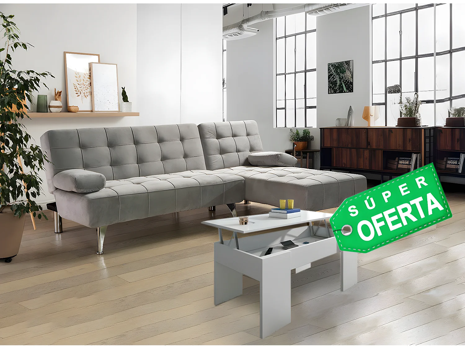 Oferta: Sofá-Cama Chaise Longue XS Preto + Mesa de Centro Branco e Carvalho