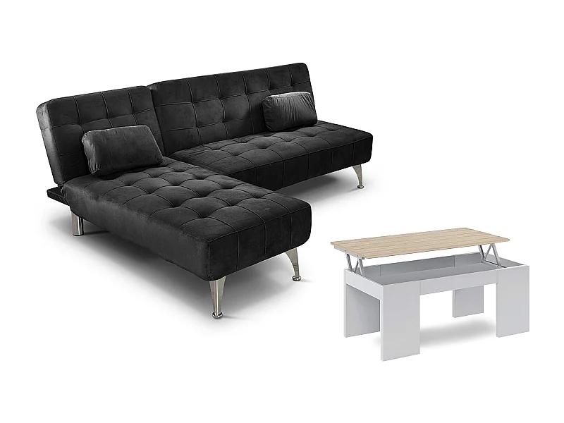 Oferta: Sofá-Cama Chaise Longue XS Preto + Mesa de Centro Branco e Carvalho