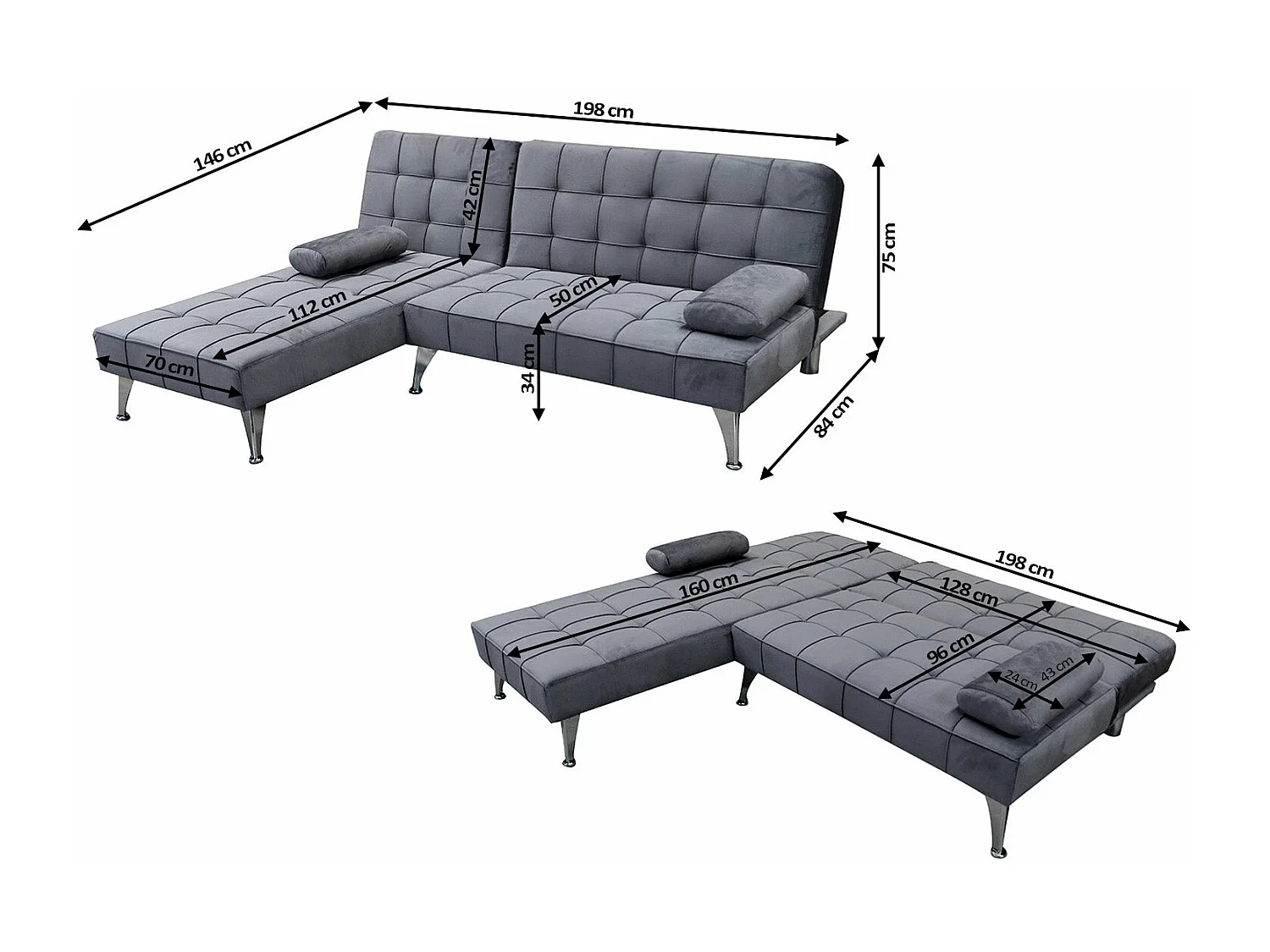Sofá-Cama Chaise Longue Keren XS 198cm Cinza