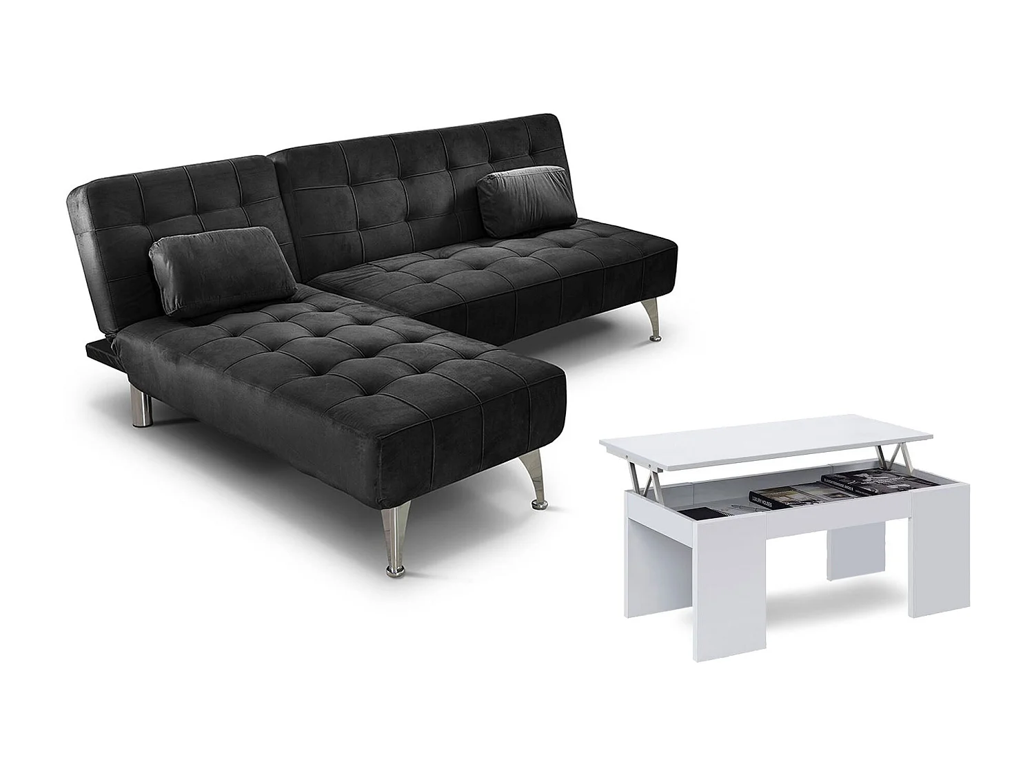 Oferta: Sofá-Cama Chaise Longue XS Cinza + Mesa de Centro Branco e Cimento