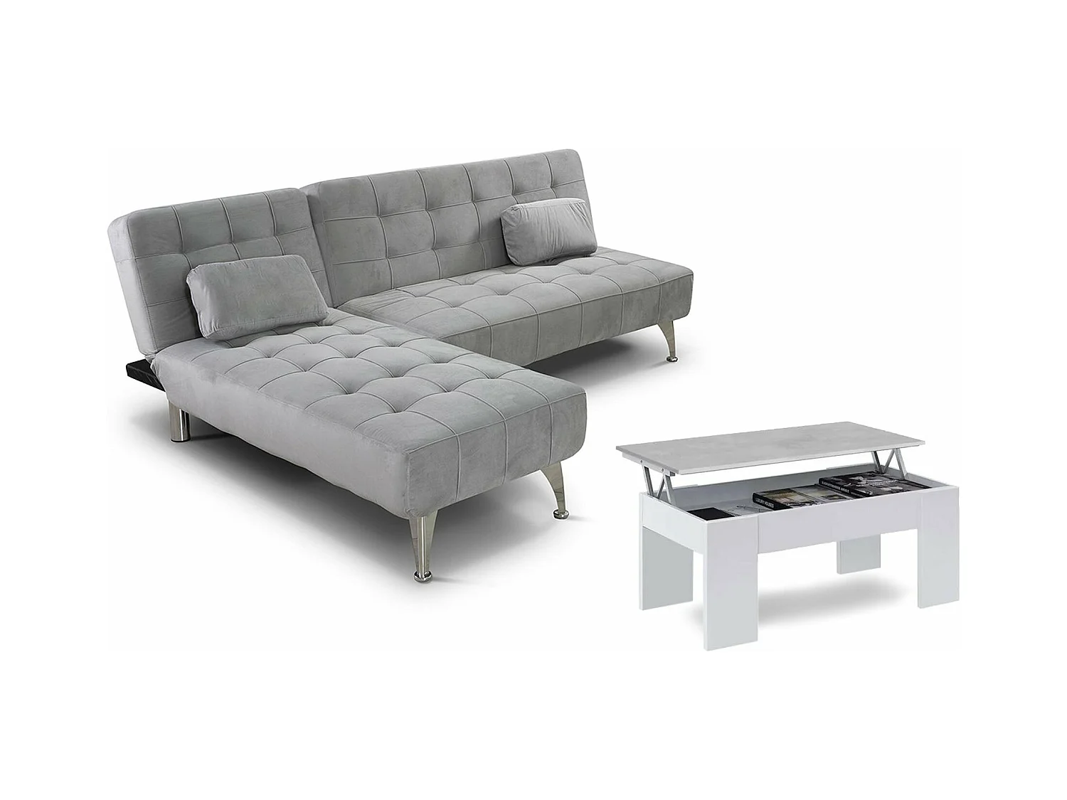 Oferta: Sofá-Cama Chaise Longue XS Cinza + Mesa de Centro Branco e Cimento