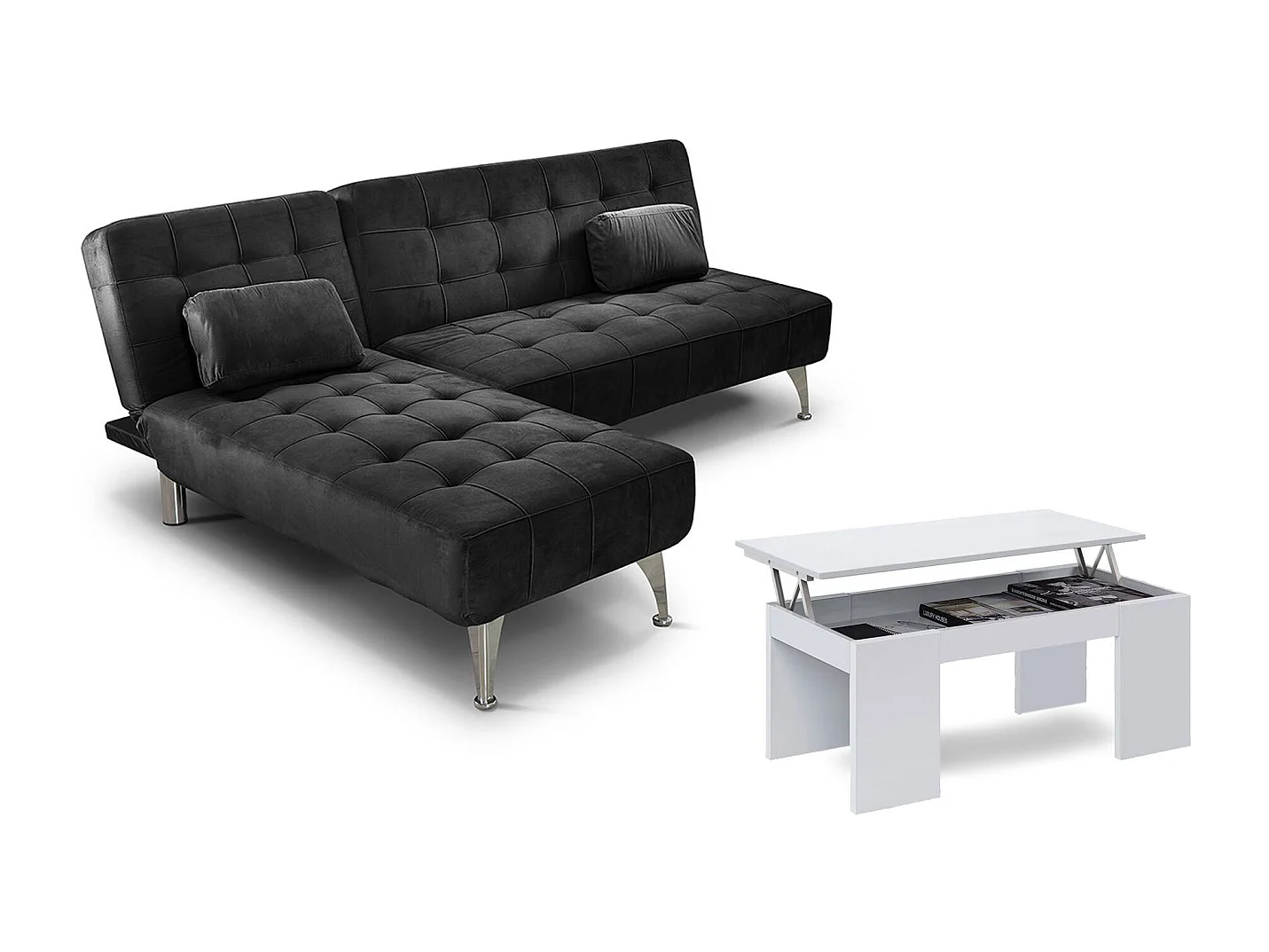 Oferta: Sofa Cama Chaise Longue XS Gris + Mesa de Centro Blanco y Cemento