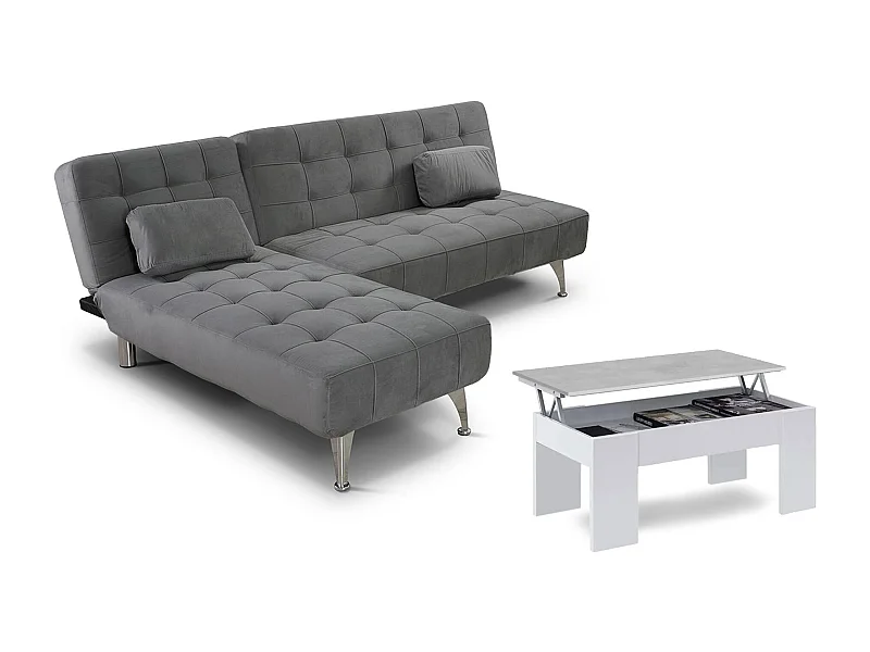 Oferta: Sofá-Cama Chaise Longue XS Cinza + Mesa de Centro Branco e Cimento