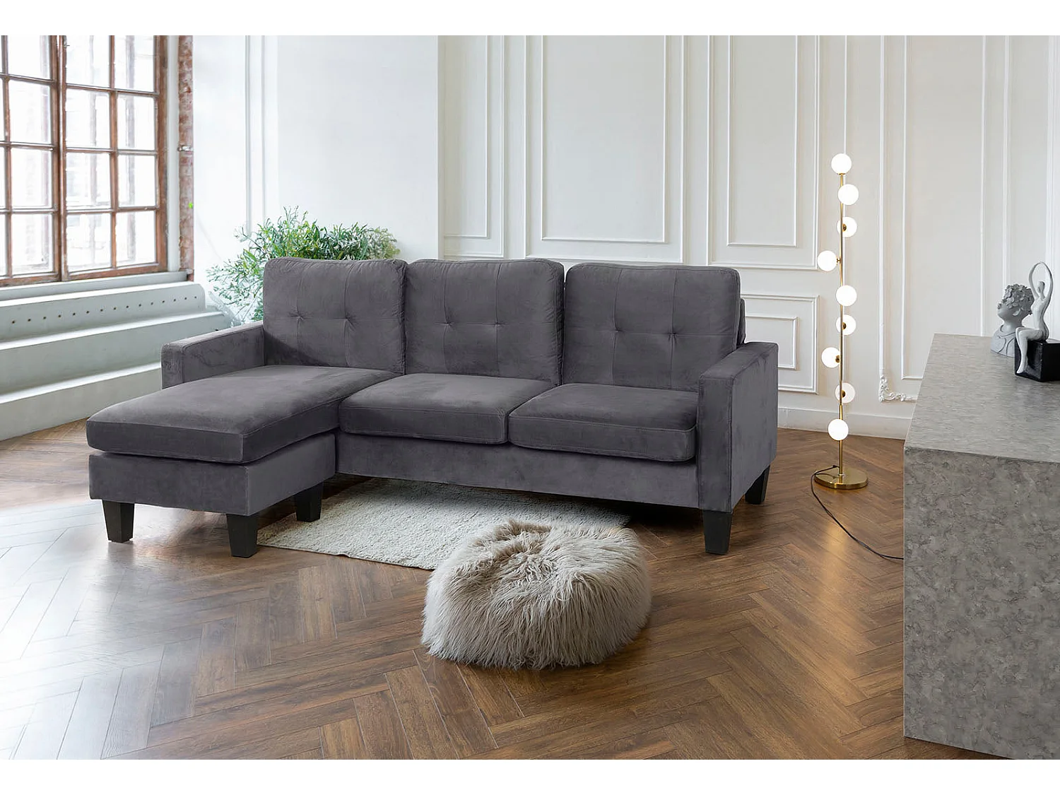 Sofá + Puff Vika Conversível em Chaise Longue