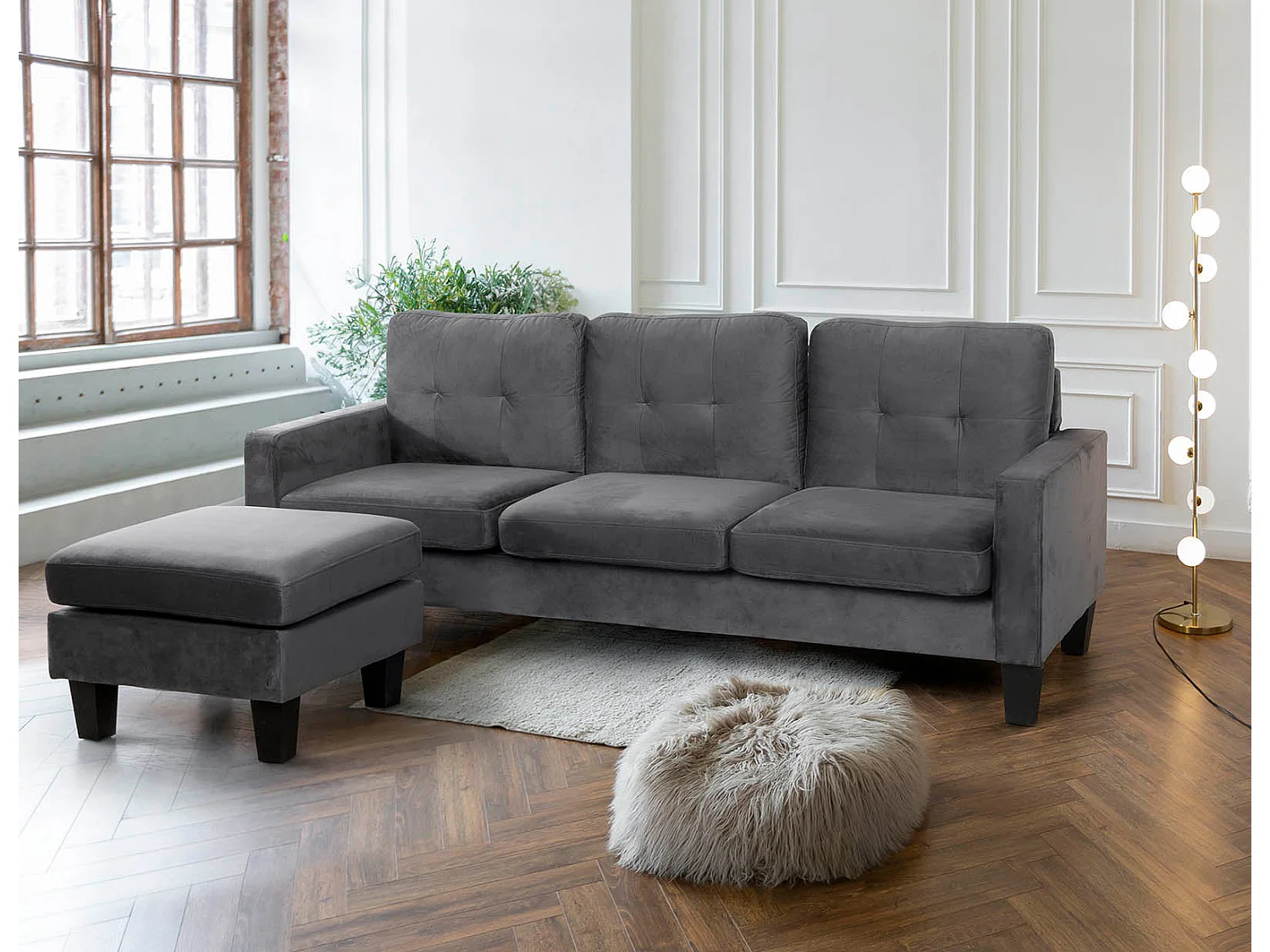 Sofá + Puff Vika Conversível em Chaise Longue