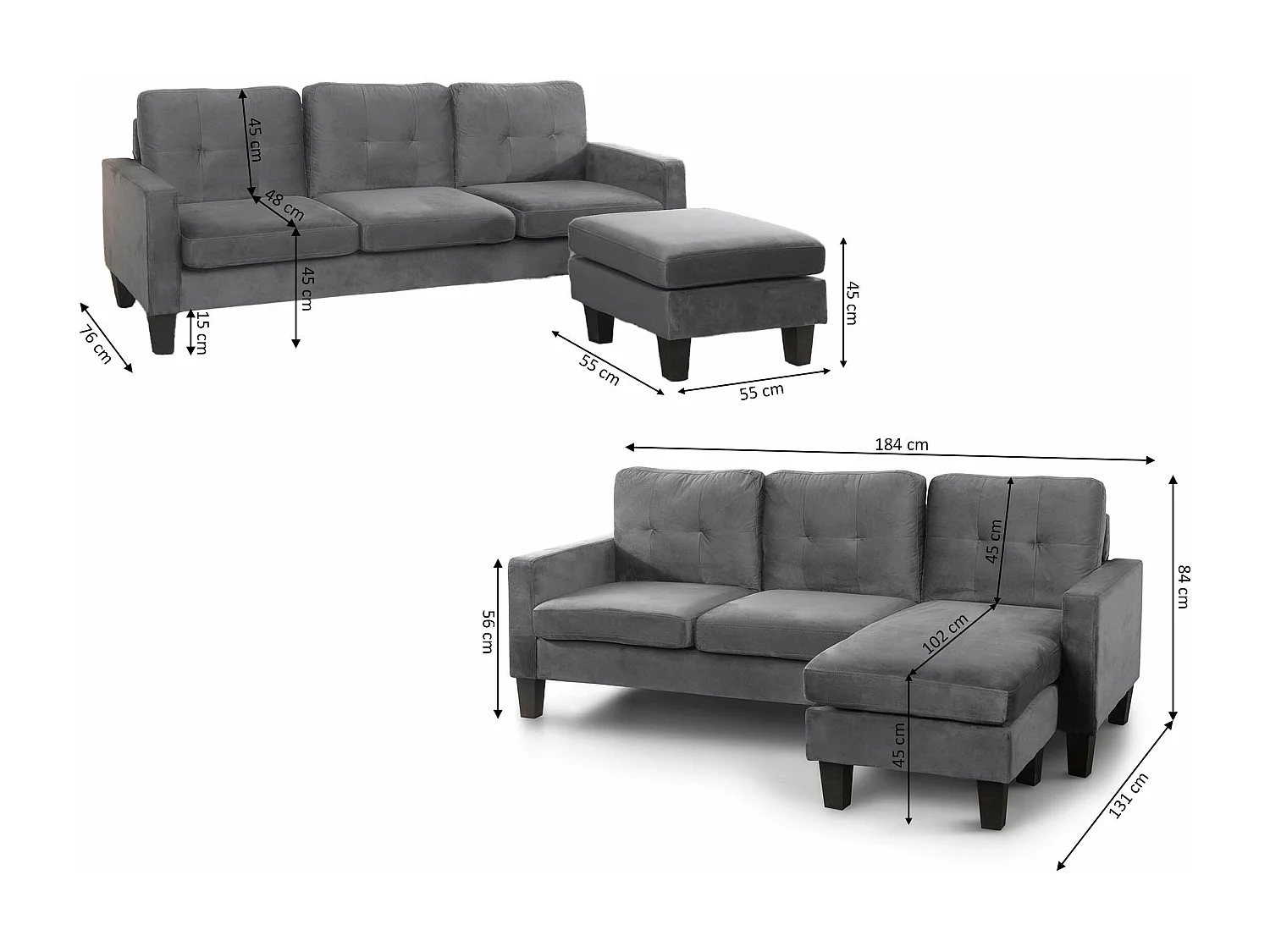 Sofá + Puff Vika Conversível em Chaise Longue