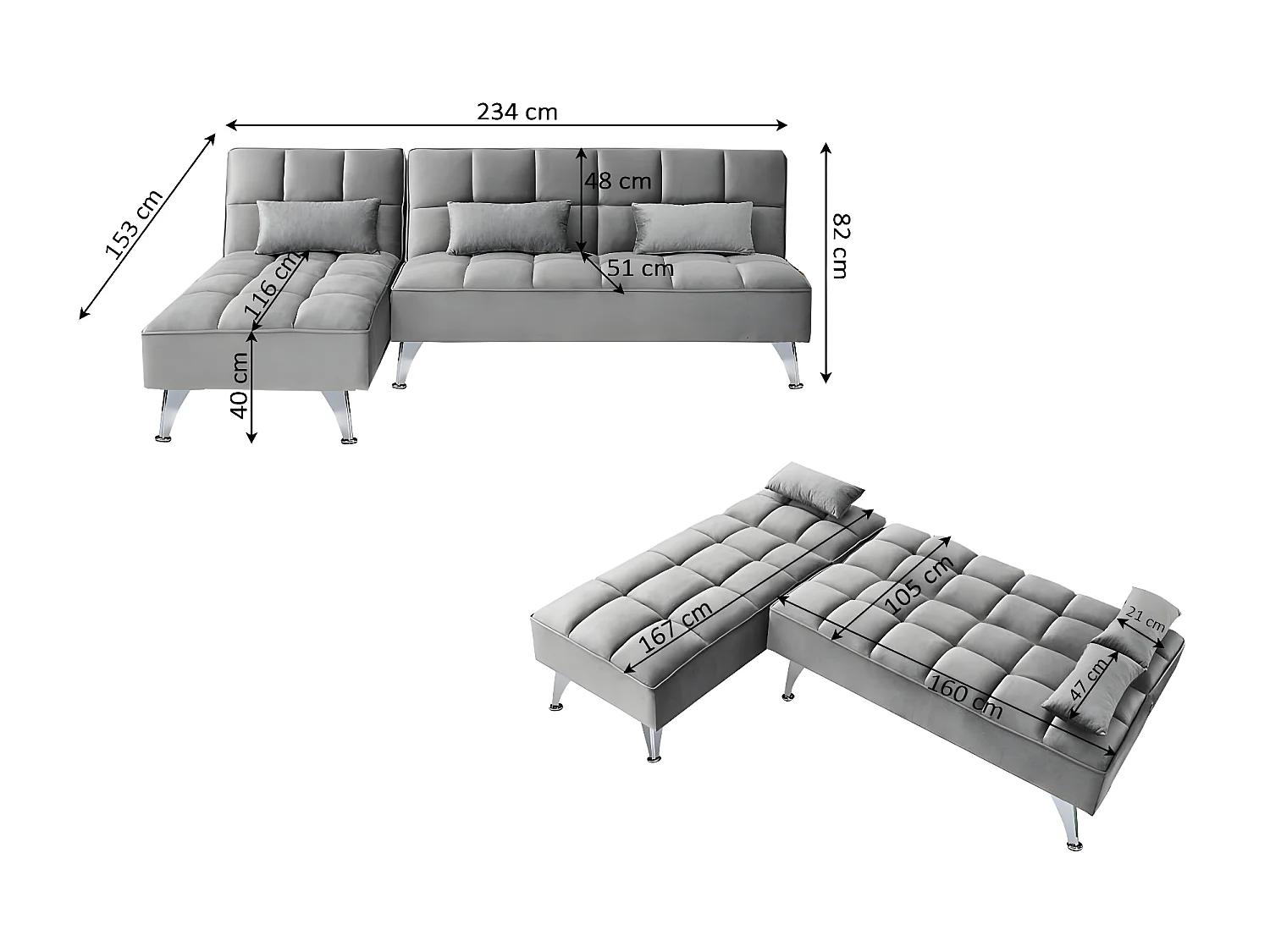 Sofá-Cama Noelia XL Chaise Longue 234cm Cinza