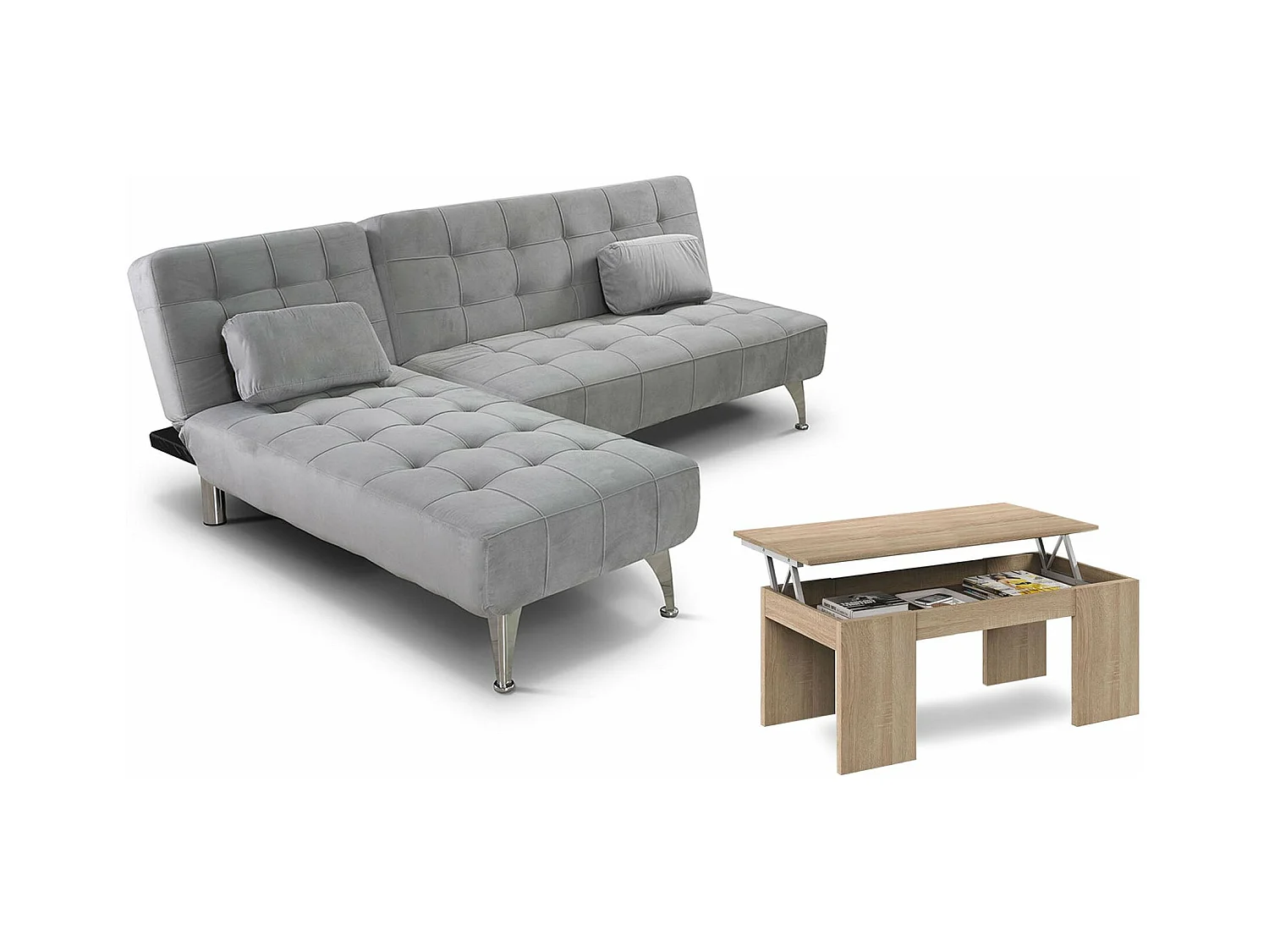 Oferta: Sofá-Cama Chaise Longue XS Cinza + Mesa de Centro Carvalho
