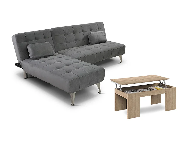Oferta: Sofa Cama Chaise Longue XS Gris + Mesa de Centro Cambria