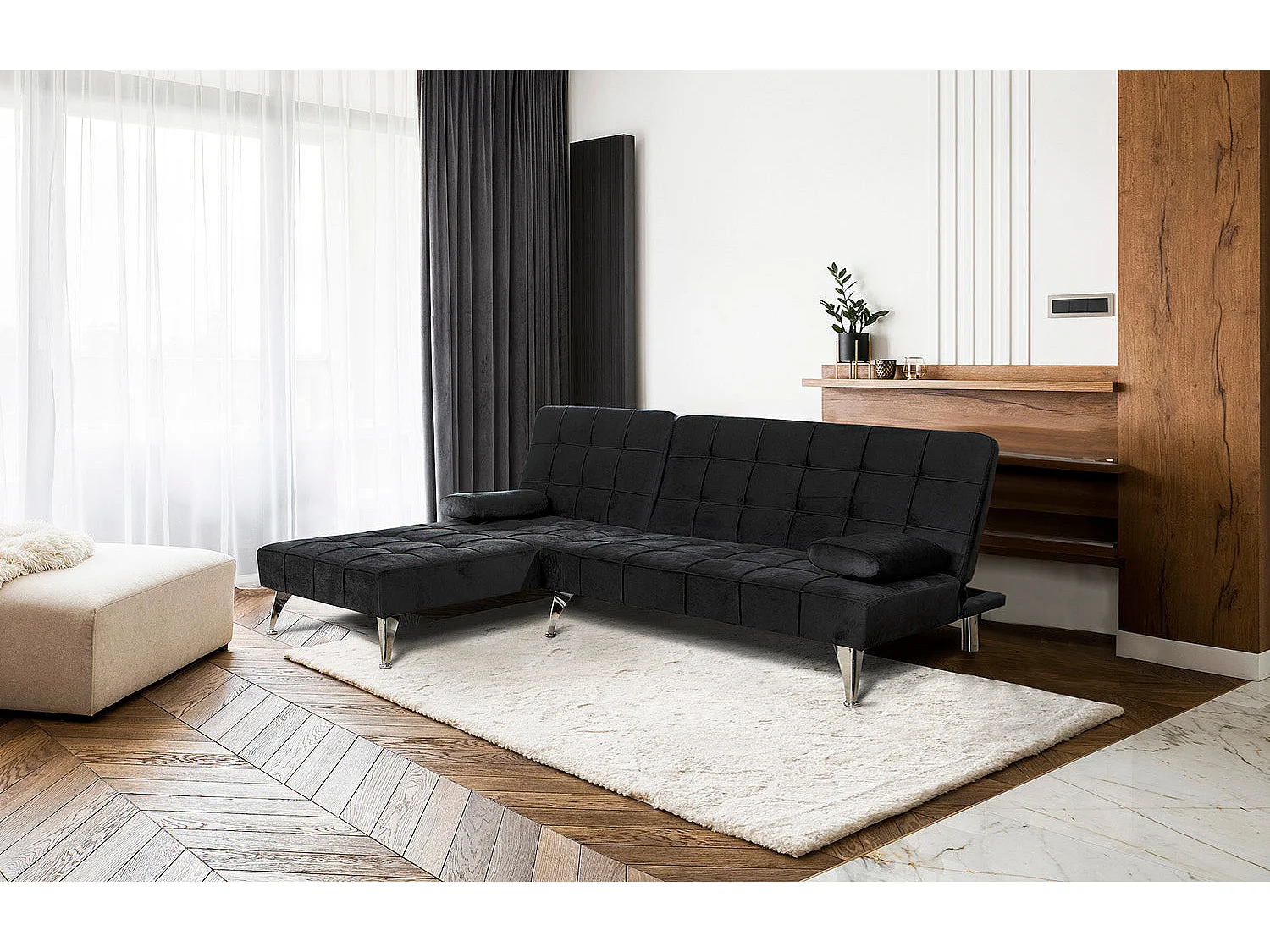 Sofá-Cama Chaise Longue Keren XS 198cm Preto em Couro Sintetico
