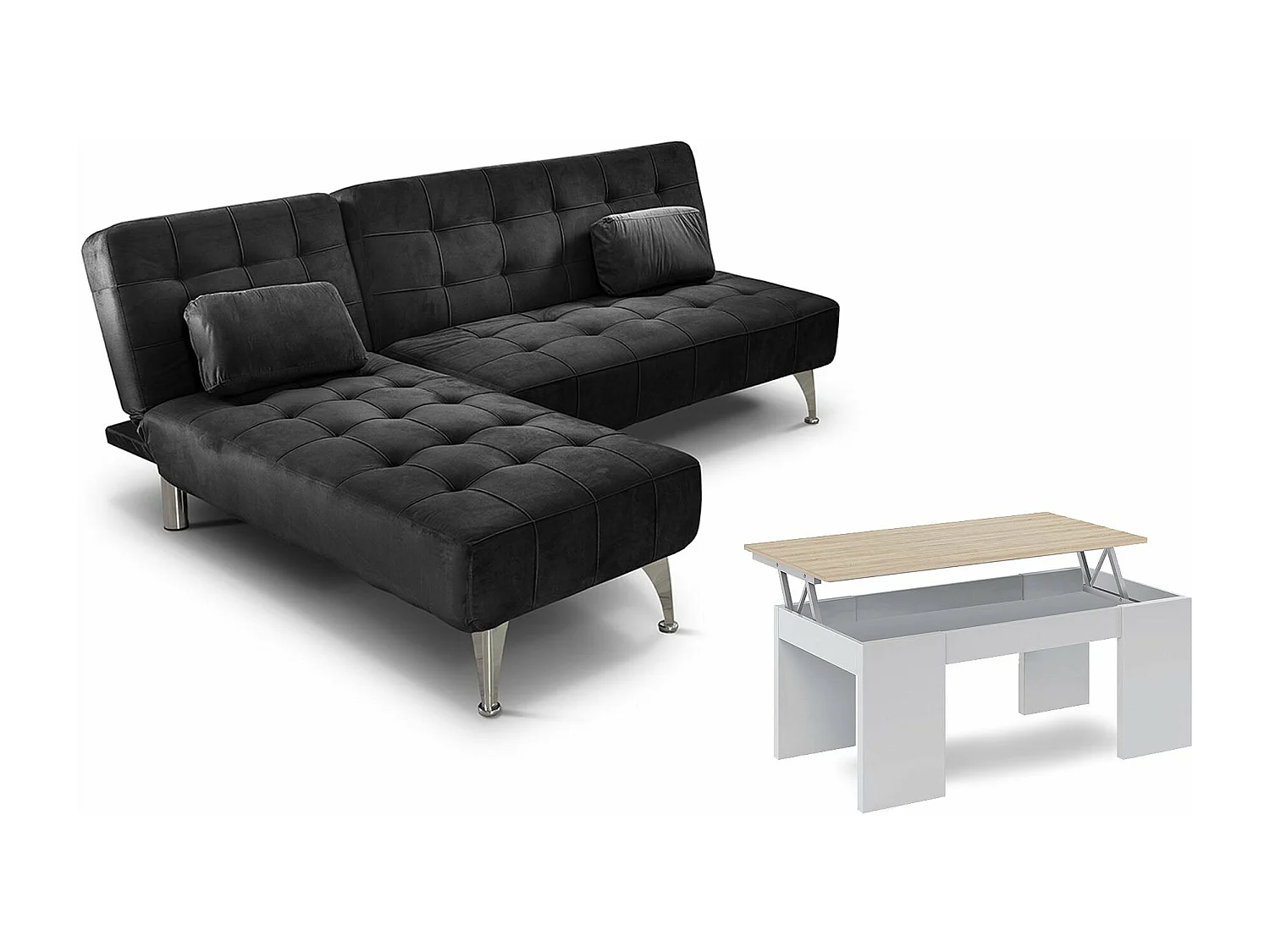 Oferta: Sofá-Cama Chaise Longue XS Preto + Mesa de Centro Branco