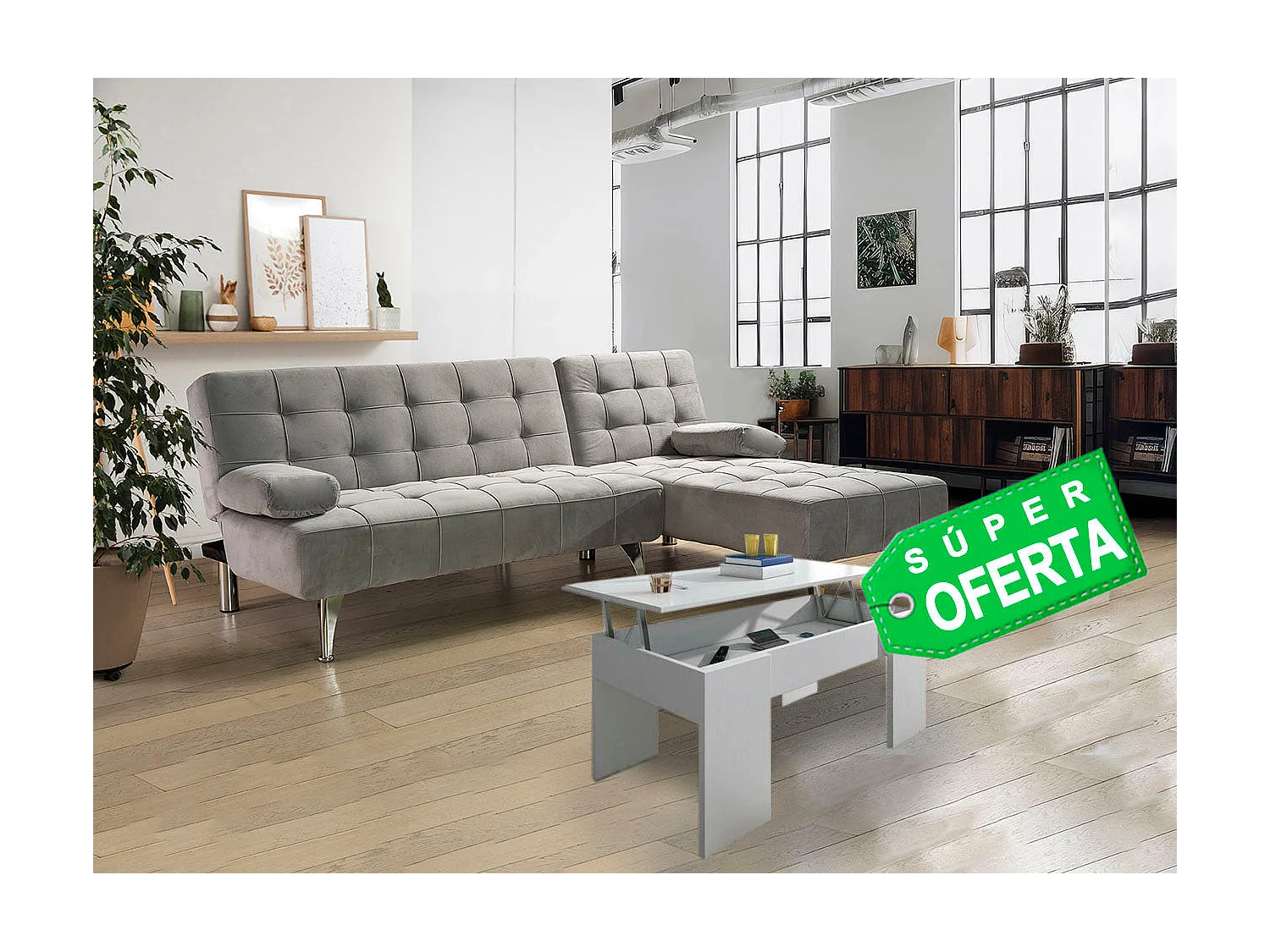 Oferta: Sofa Cama Chaise Longue XS Negro + Mesa de Centro Blanco