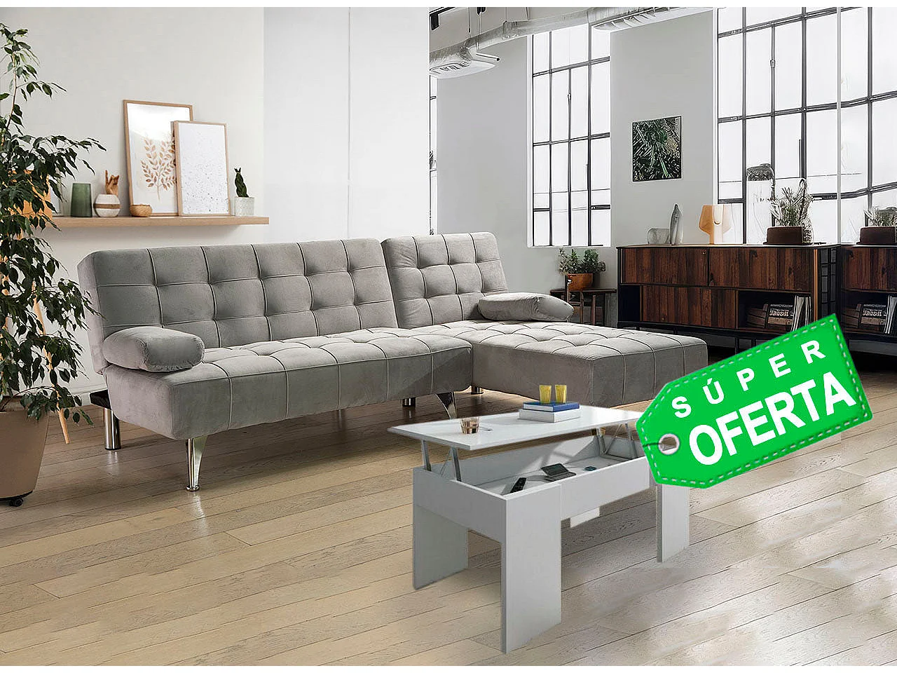 Oferta: Sofa Cama Chaise Longue XS Negro + Mesa de Centro Blanco