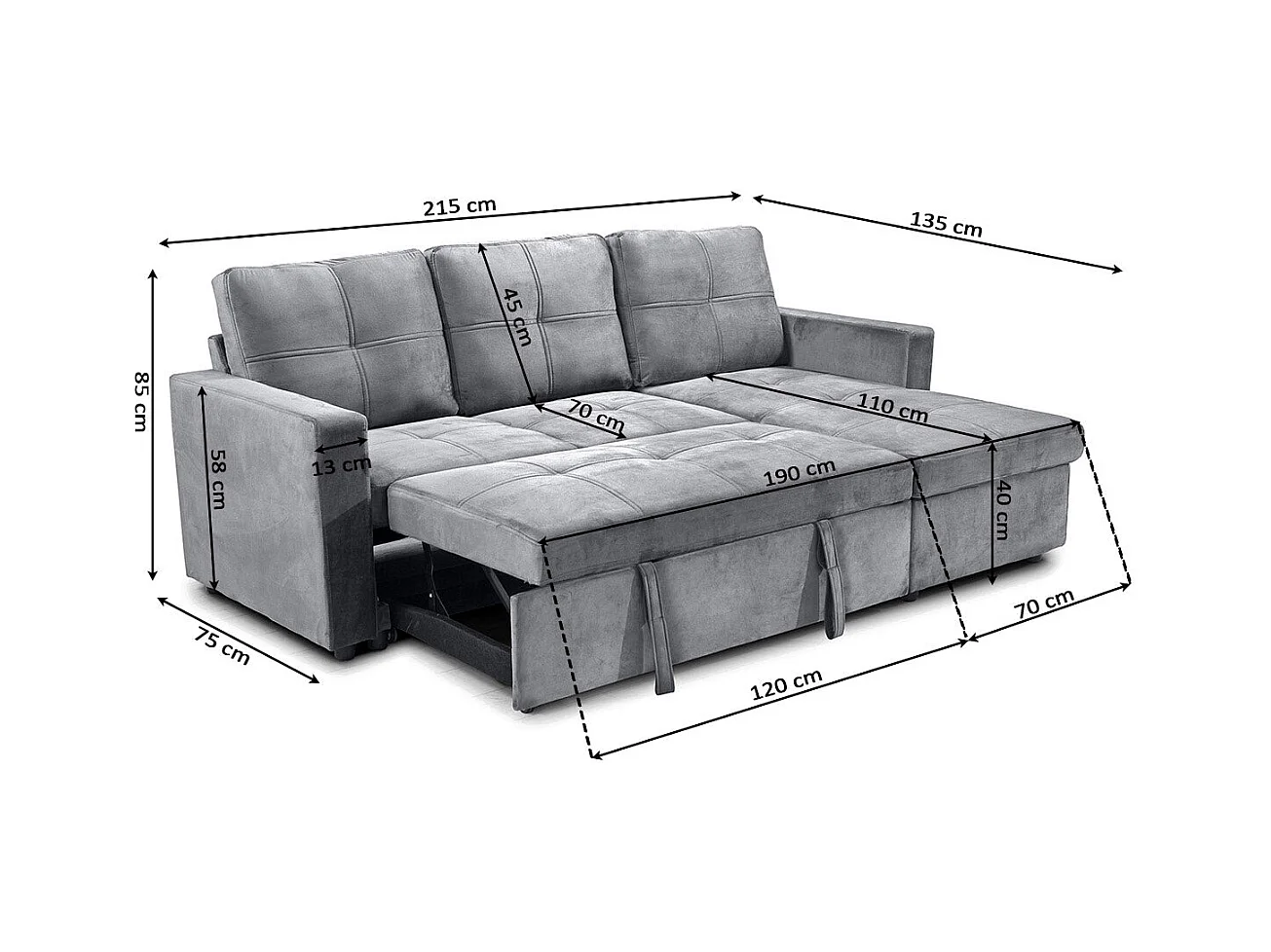 Sofá-Cama Chaise Longue Pau 215cm Azul