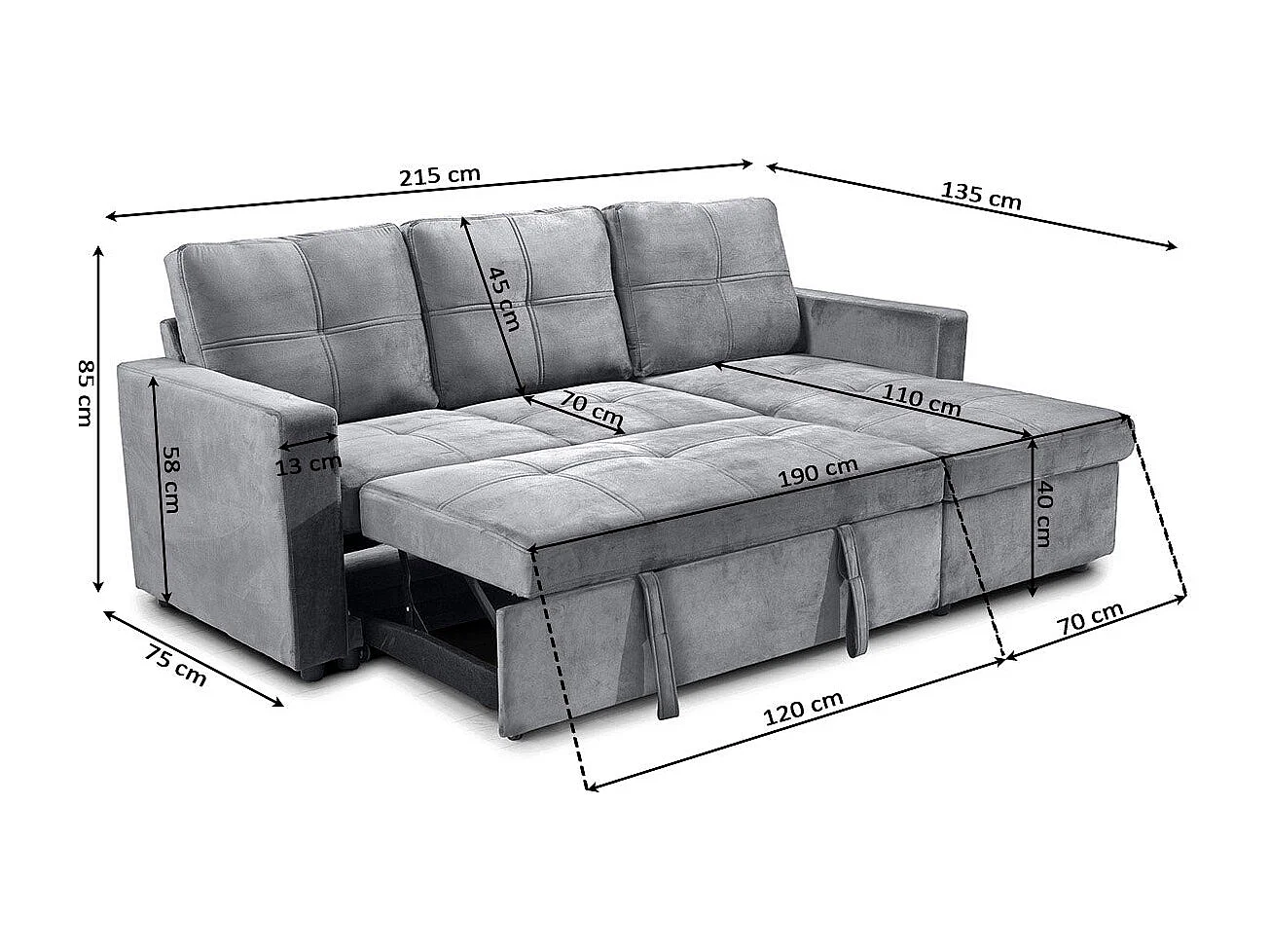 Sofá-Cama Chaise Longue Pau 215cm Azul