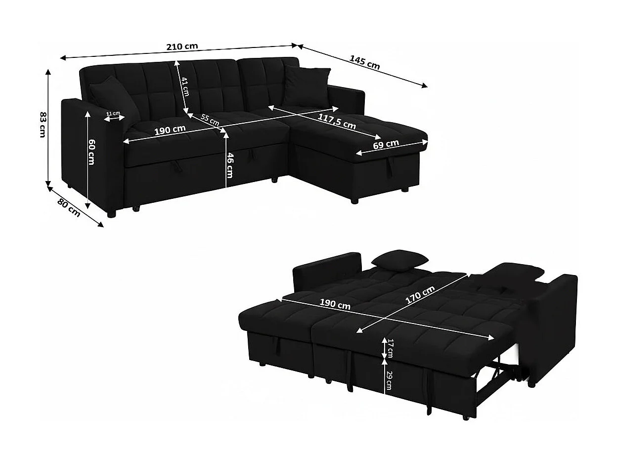 Sofá-Cama Chaise Longue Kris 210cm Preto