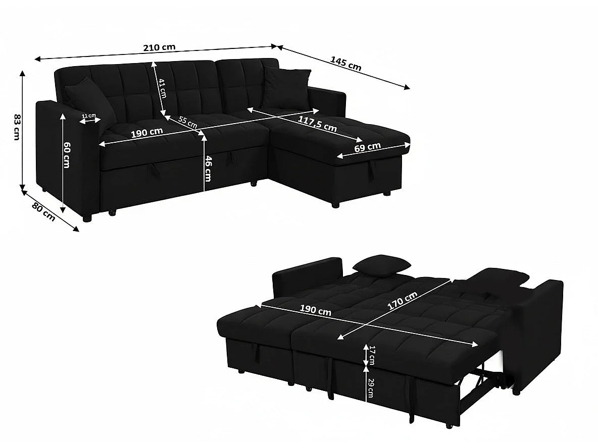 Sofá-Cama Chaise Longue Kris 210cm Preto