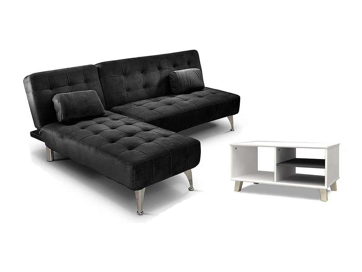 Sofá-Cama Chaise Longue XS Preto + Mesa de Centro DN Branco