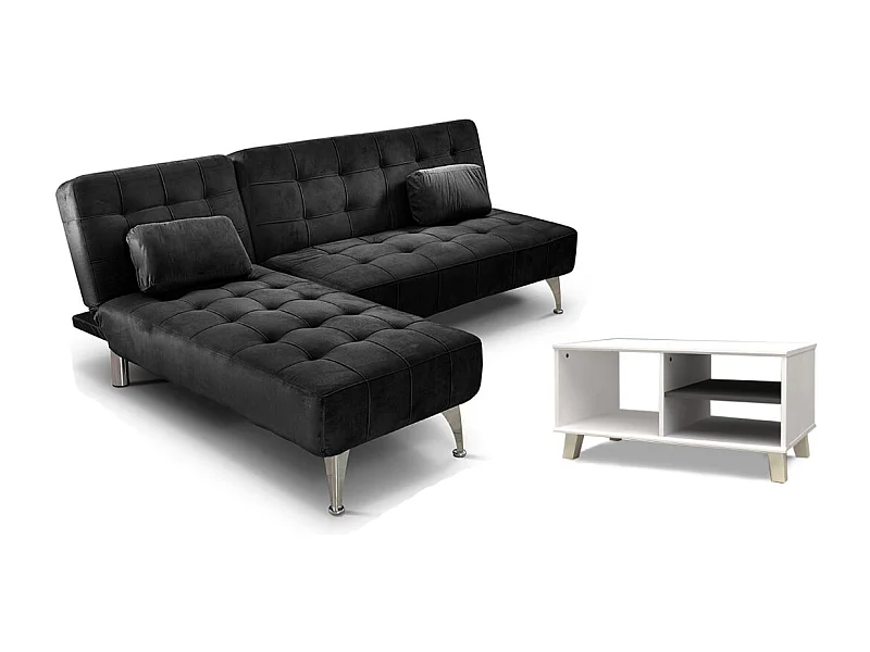 Sofá-Cama Chaise Longue XS Preto + Mesa de Centro DN Branco