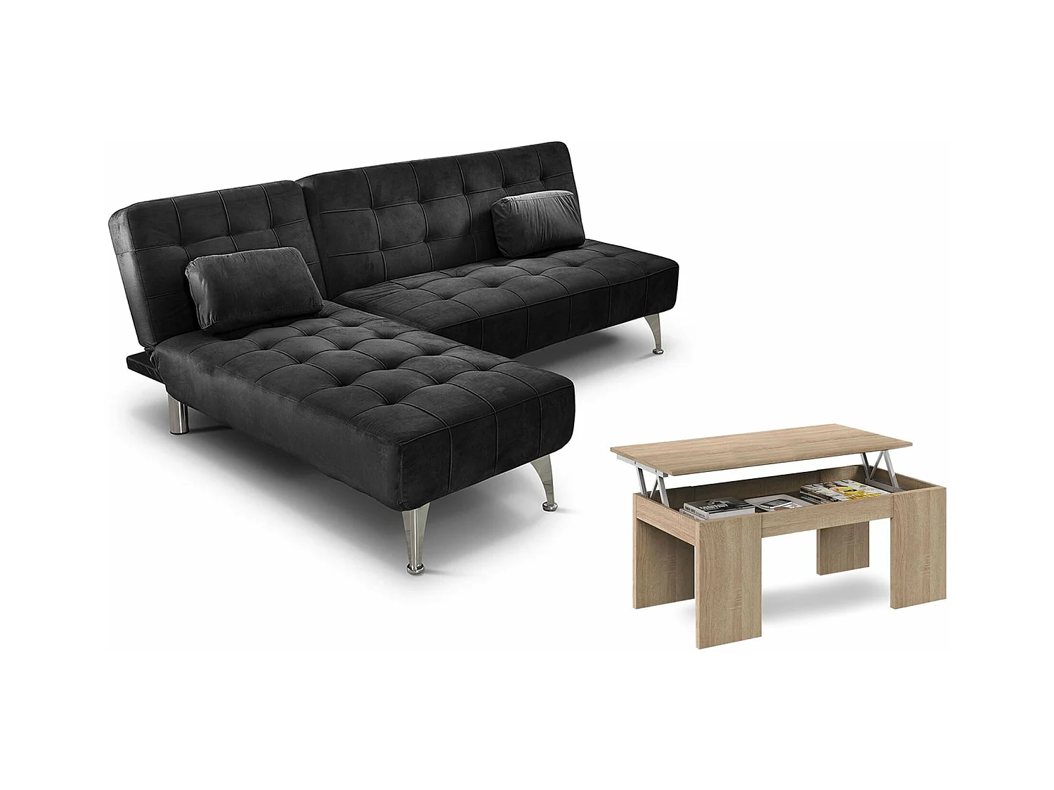 Oferta: Sofa Cama Chaise Longue XS Negro + Mesa de Centro Cambria