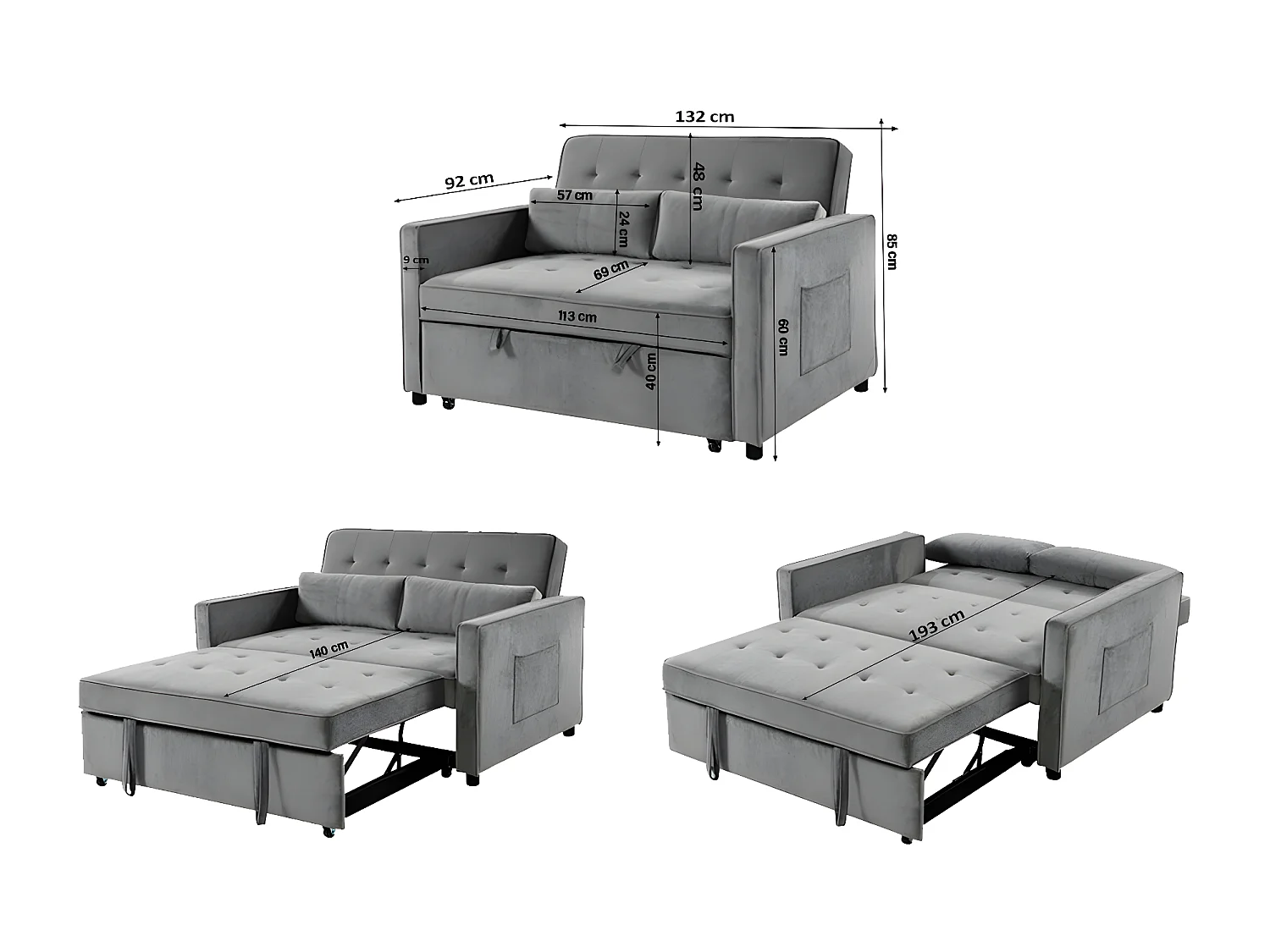 Sofa Cama de Matrimonio Japon 132cm Gris